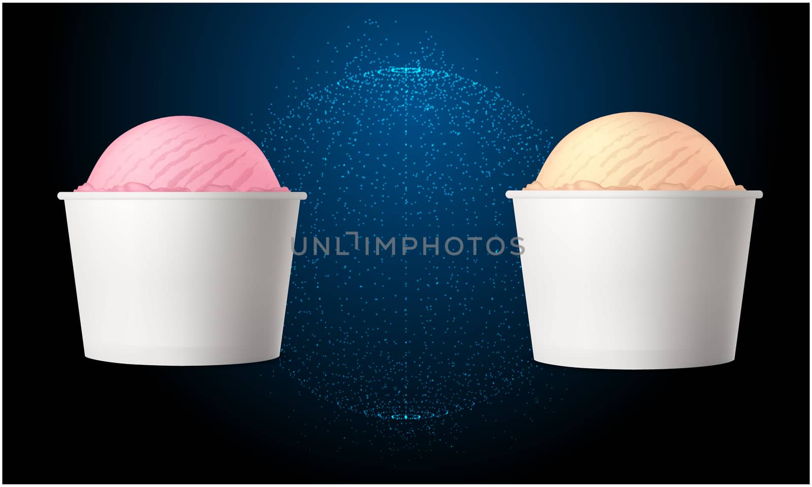 mock up illustration of ice cream cup in different flavors on abstract blue background by aanavcreationsplus