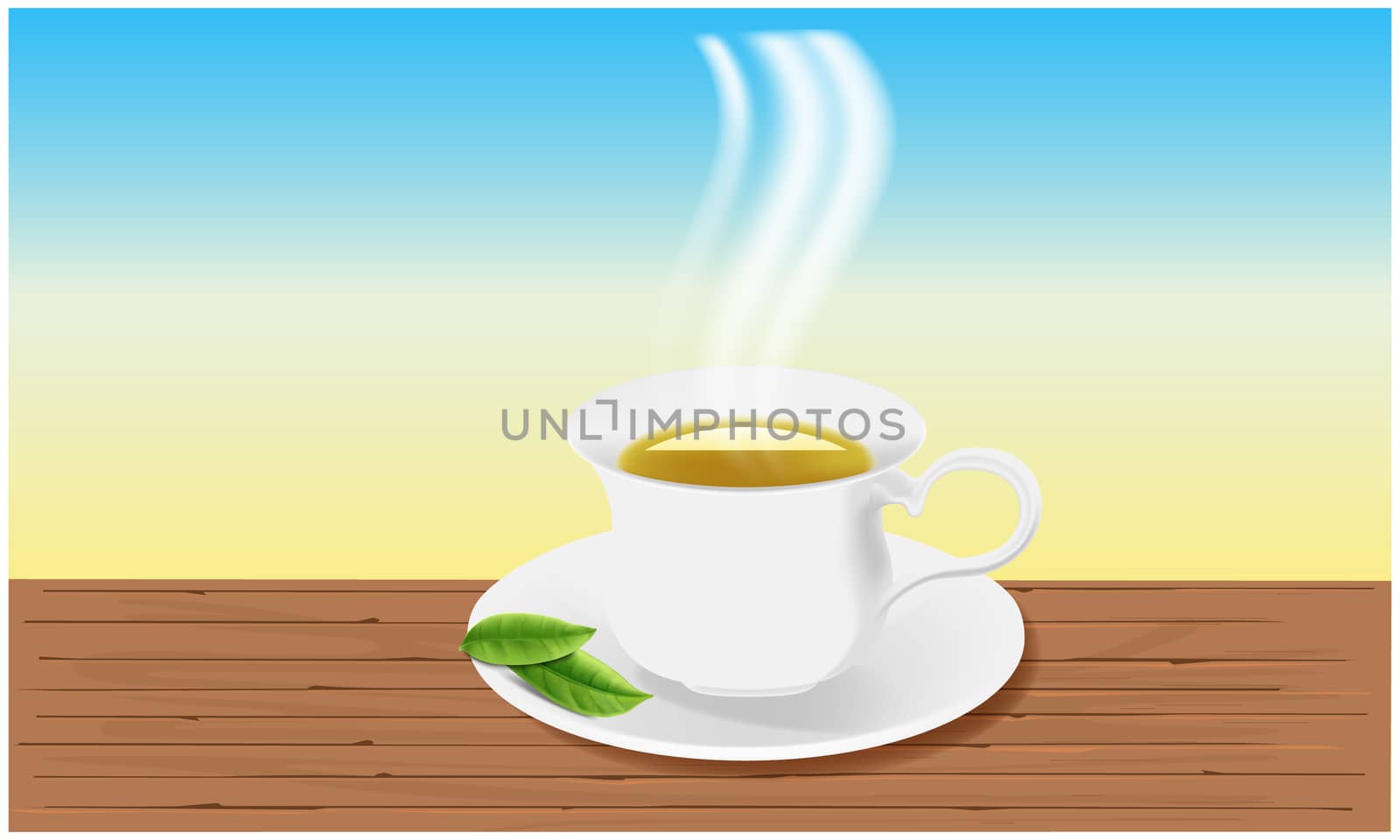 mock up illustration of tea cup with leaves on abstract background by aanavcreationsplus