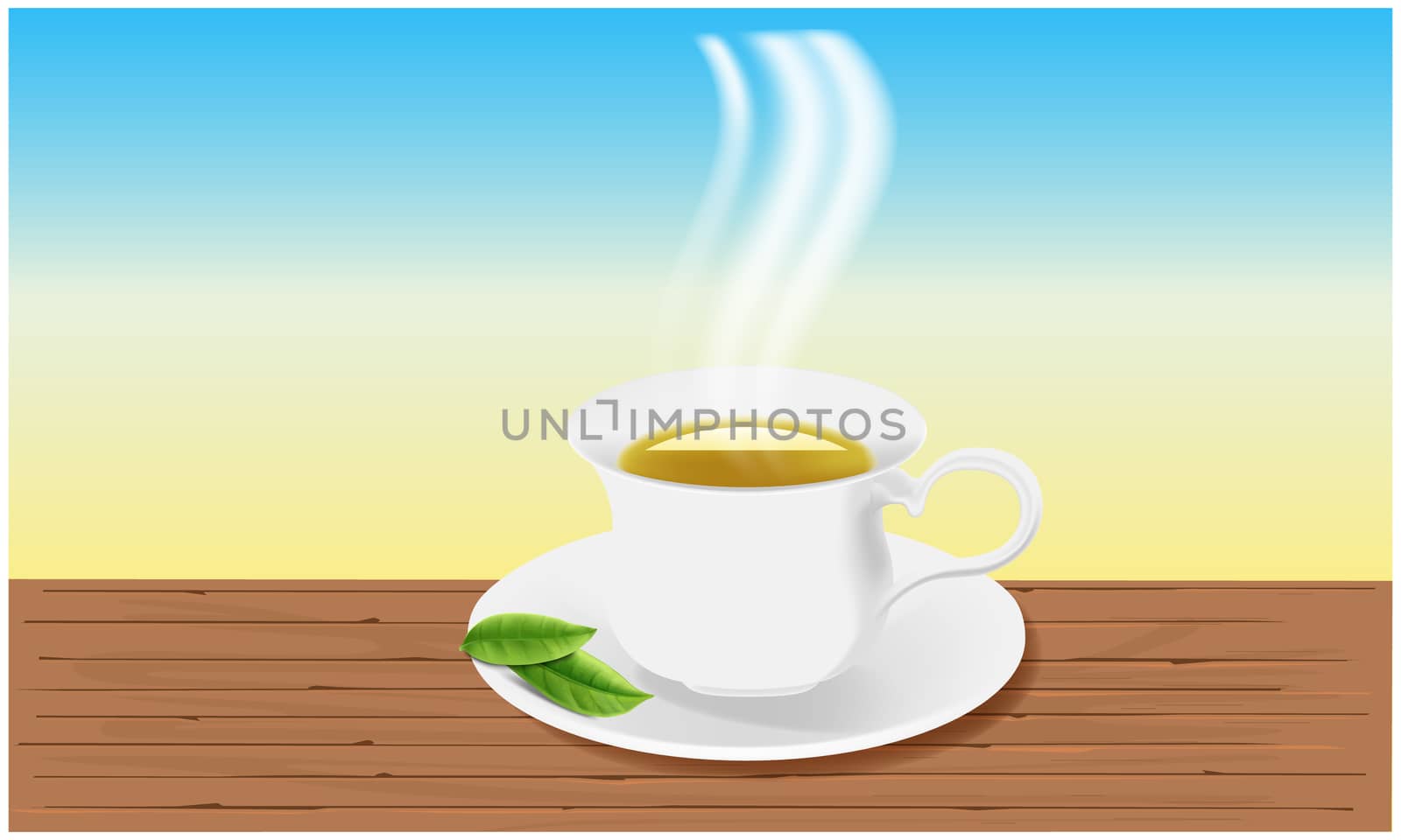 mock up illustration of tea cup with leaves on abstract background