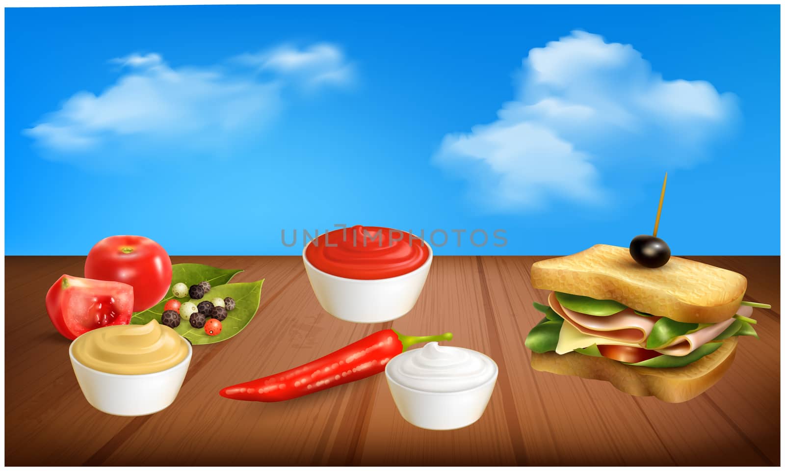 mock up illustration of sandwich and different sauces on abstract background