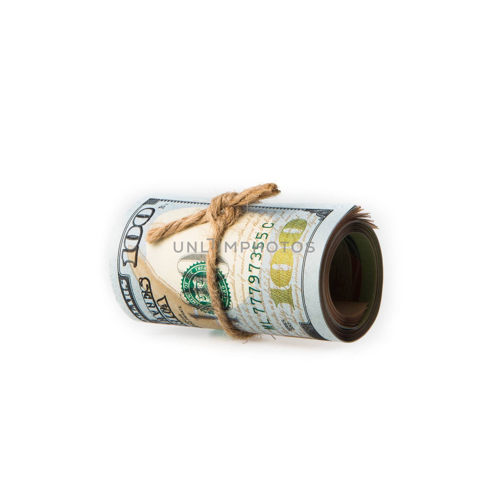 Roll of 100 usd note isolated on white background