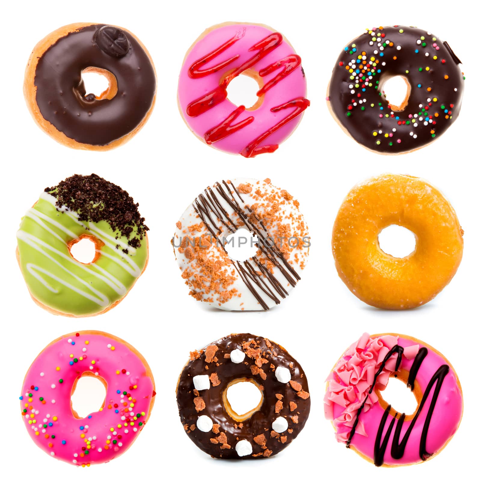 various doughnuts on white background