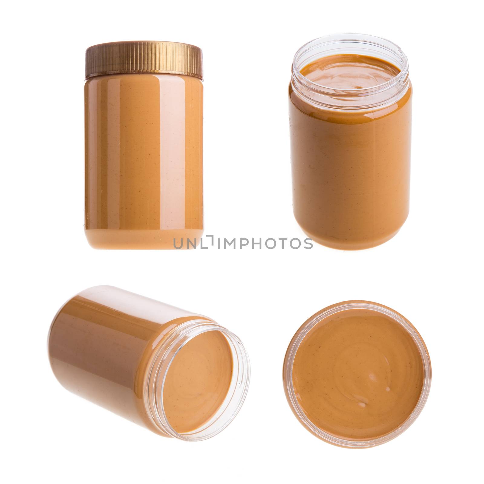 Jar of peanut butter on a white background