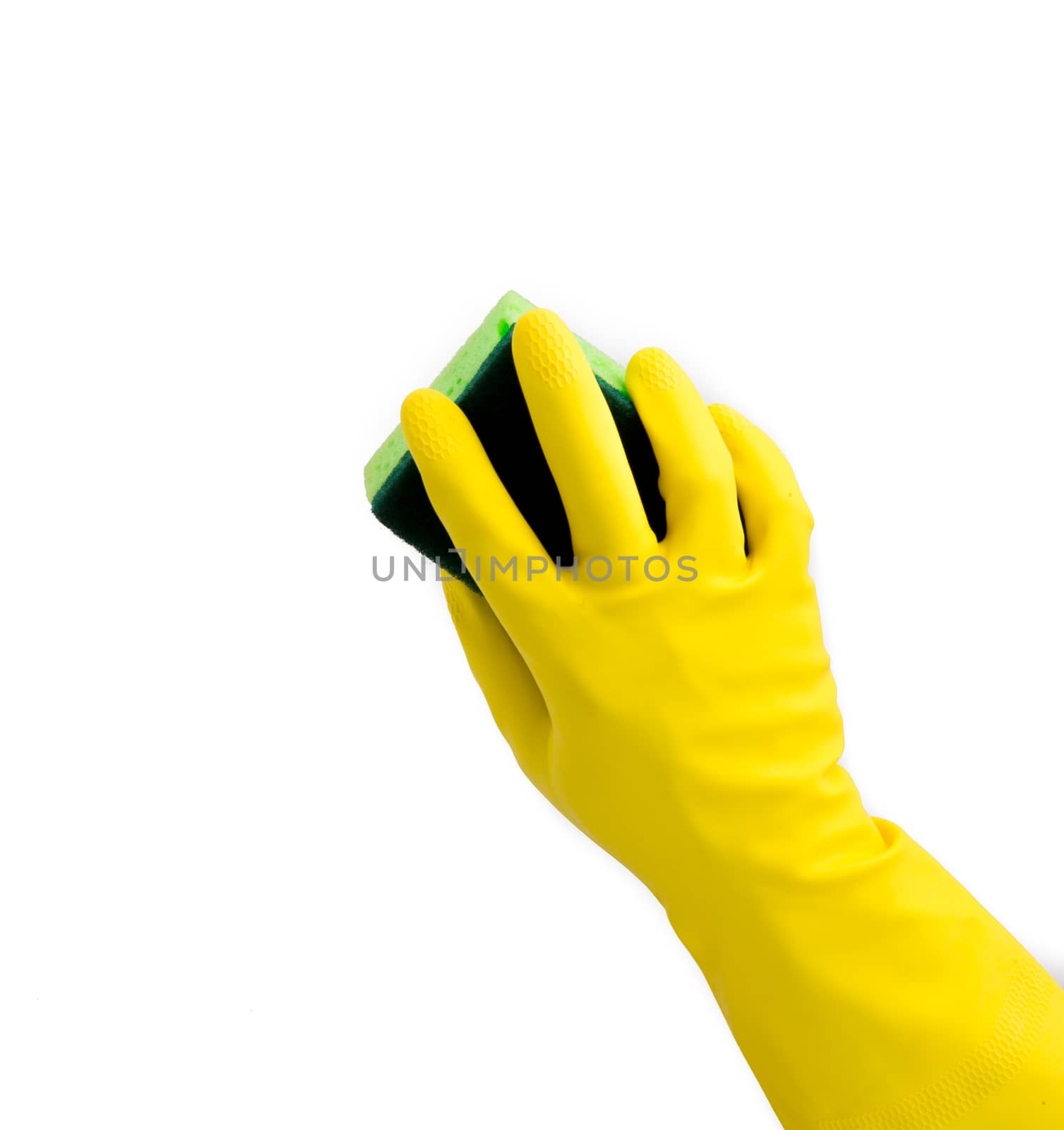 hand with yellow glove on cleaning work by tehcheesiong