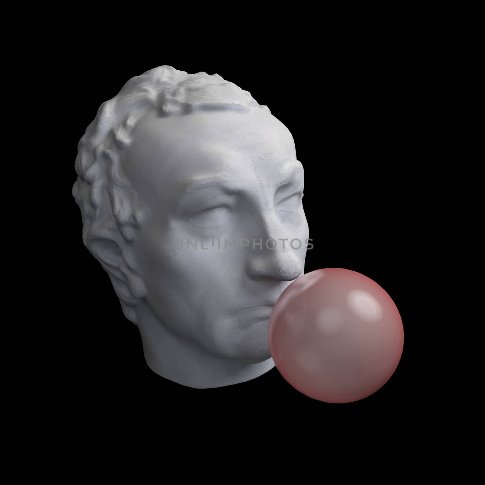 Funny illustration from 3d rendering of classical head sculpture blowing a pink chewing gum bubble. Isolated on black background