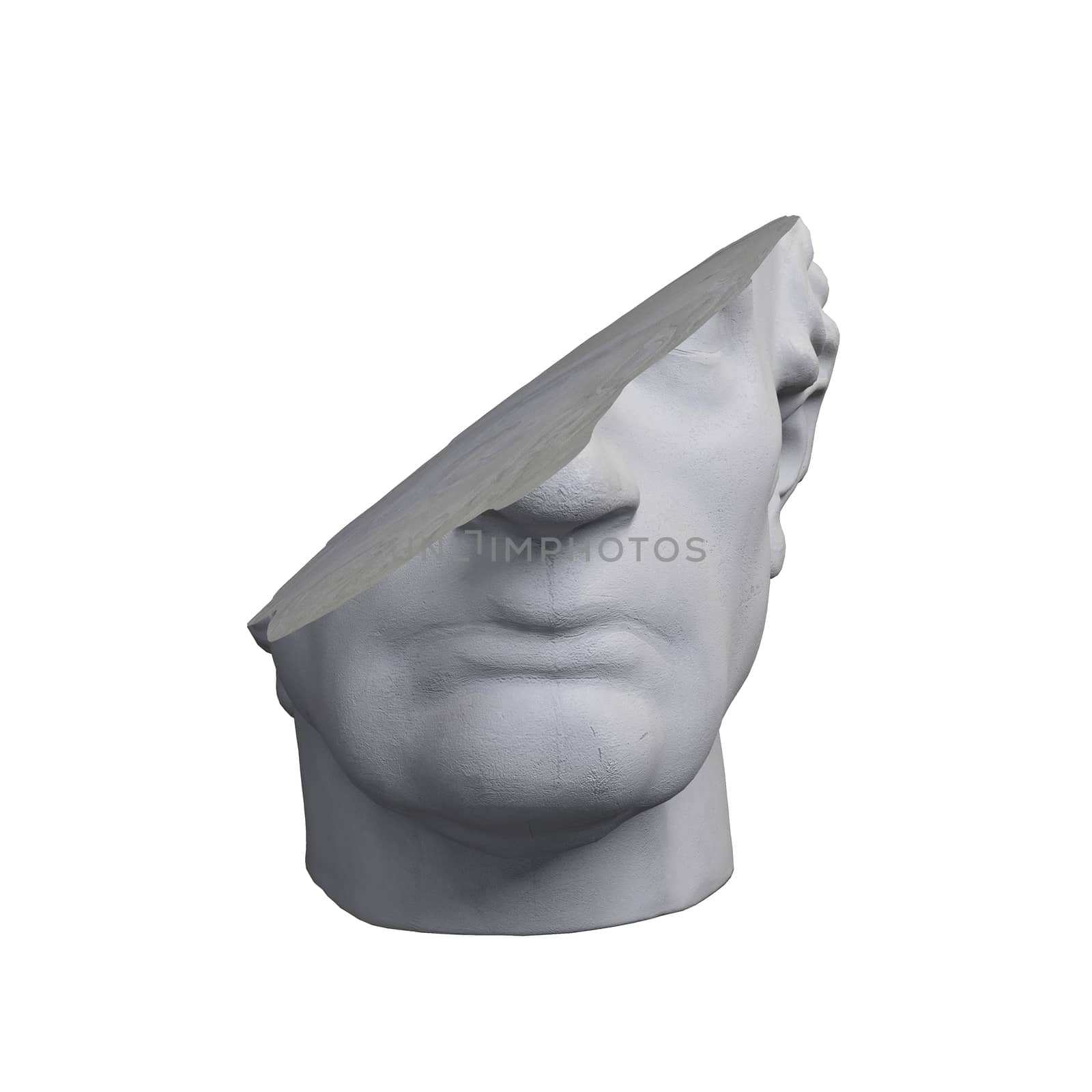Fragment of colossal head sculpture of classical style in monochromatic grey tones isolated on white background. 3D rendering illustration