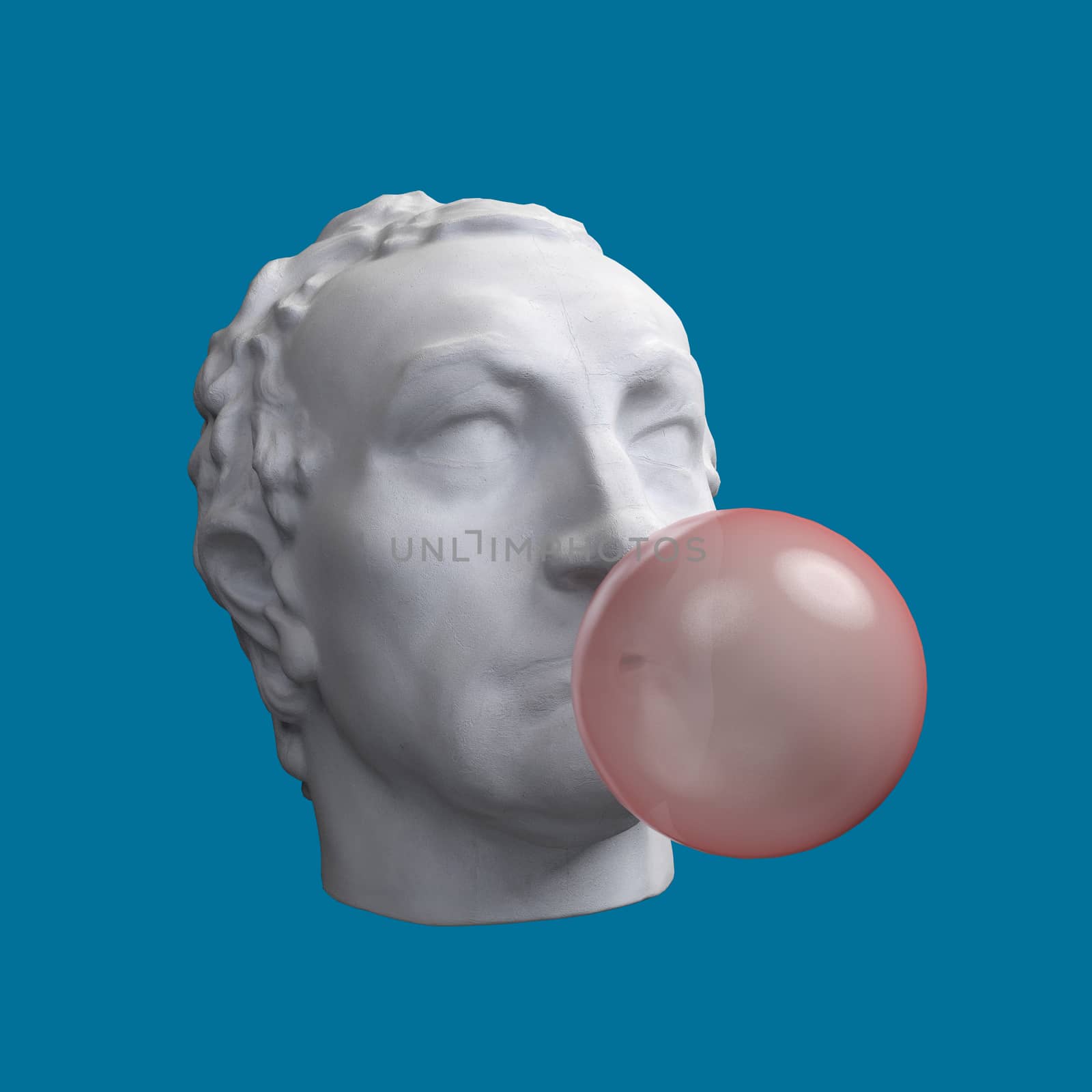 Funny illustration from 3d rendering of classical head sculpture blowing a pink chewing gum bubble. Isolated on blue background