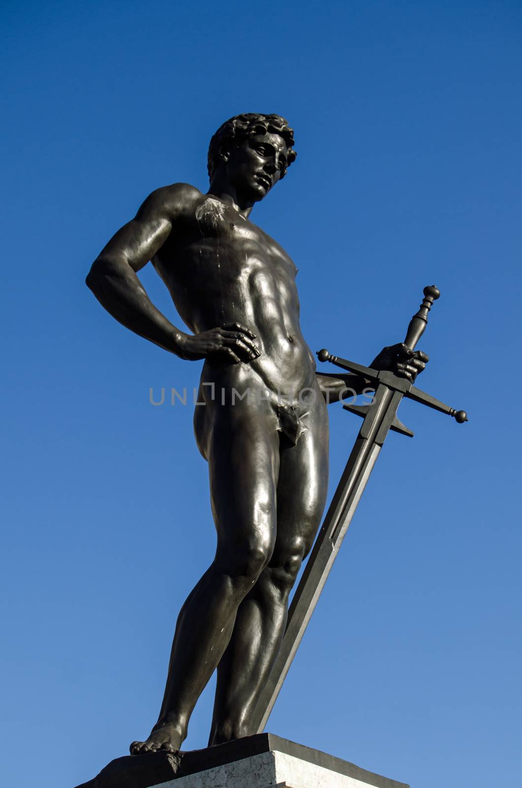 The Boy David statue on top of the Machine Gun Corps Memorial at London's Hyde Park Corner.  Sculpted by Francis Derwent Wood and unveilled in 1925 in memory of those killed in World War I.  