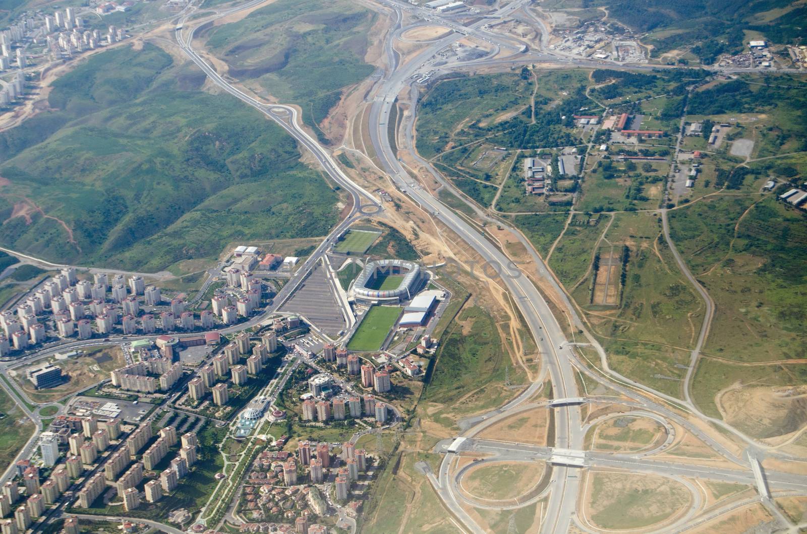 Aerial view of the western suburbs of Istanbul and the Başakşehir Fatih Terim Stadium, home to the Super League team İstanbul Başakşehir F.K.