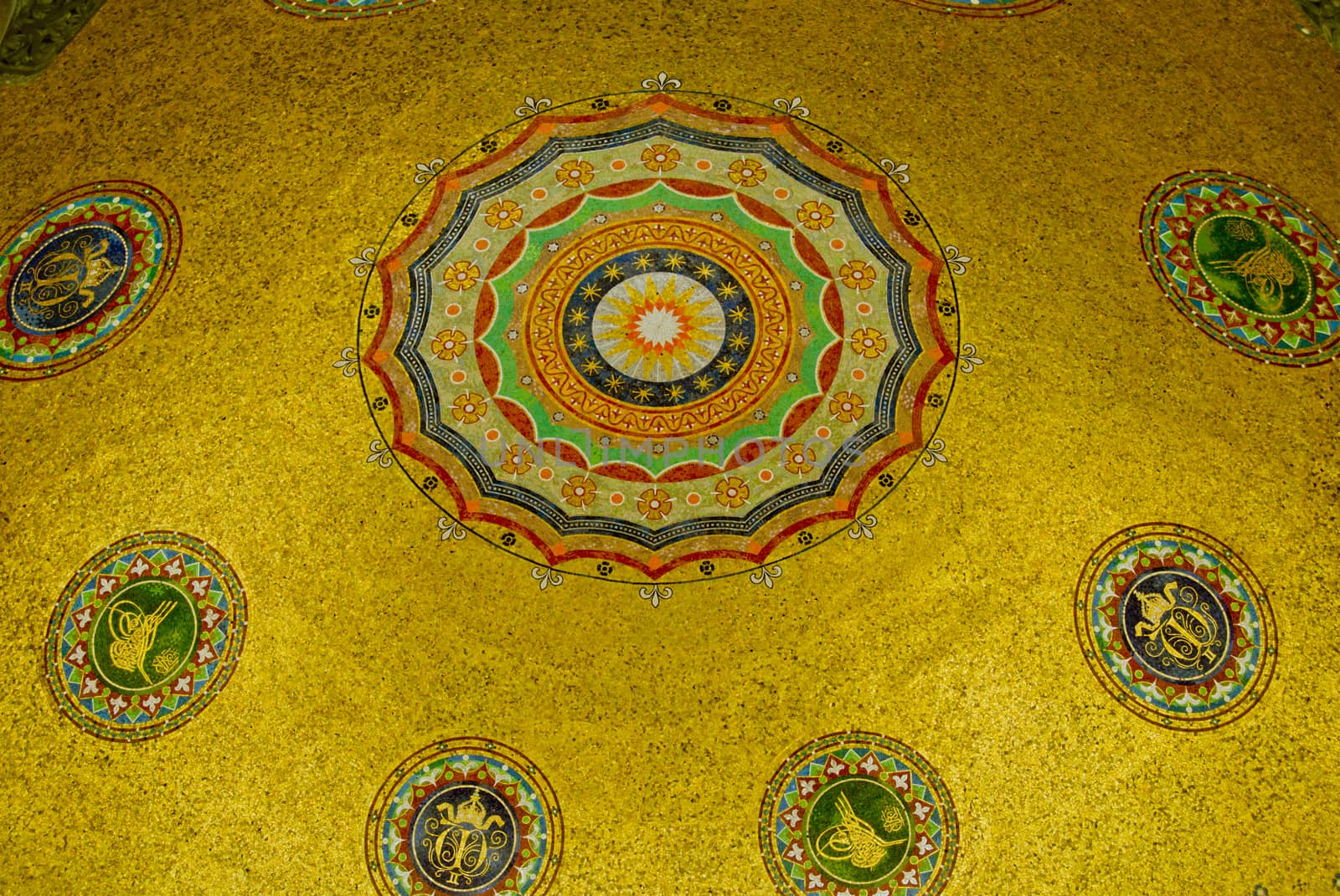 Golden mosaics covering the interior of the dome of the German Fountain in Istanbul.  The monument was erected in 1898 to mark the visit of Emperor Wilhelm II to the city and to celebrate Prussian / Ottoman relations.