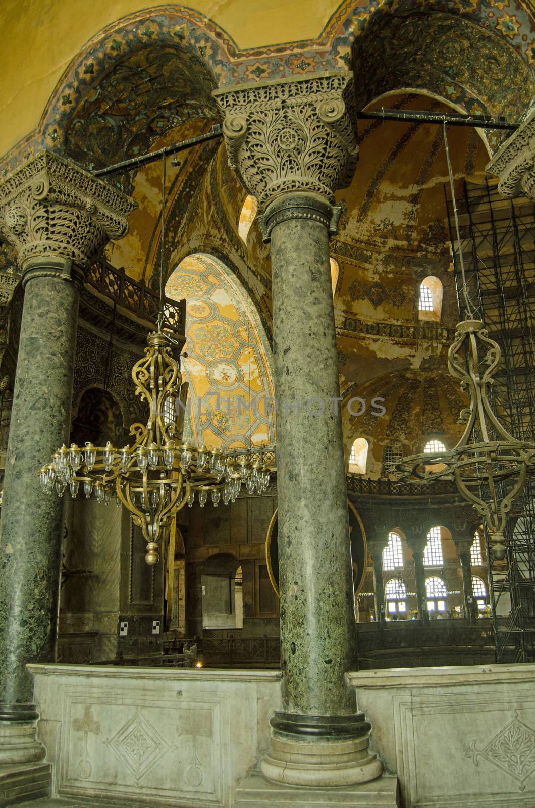 View across some of the vast, empty space of the Hagia Sophia.  Looking across the gallery on the first floor of this Byzantine historic monument in Istanbul.