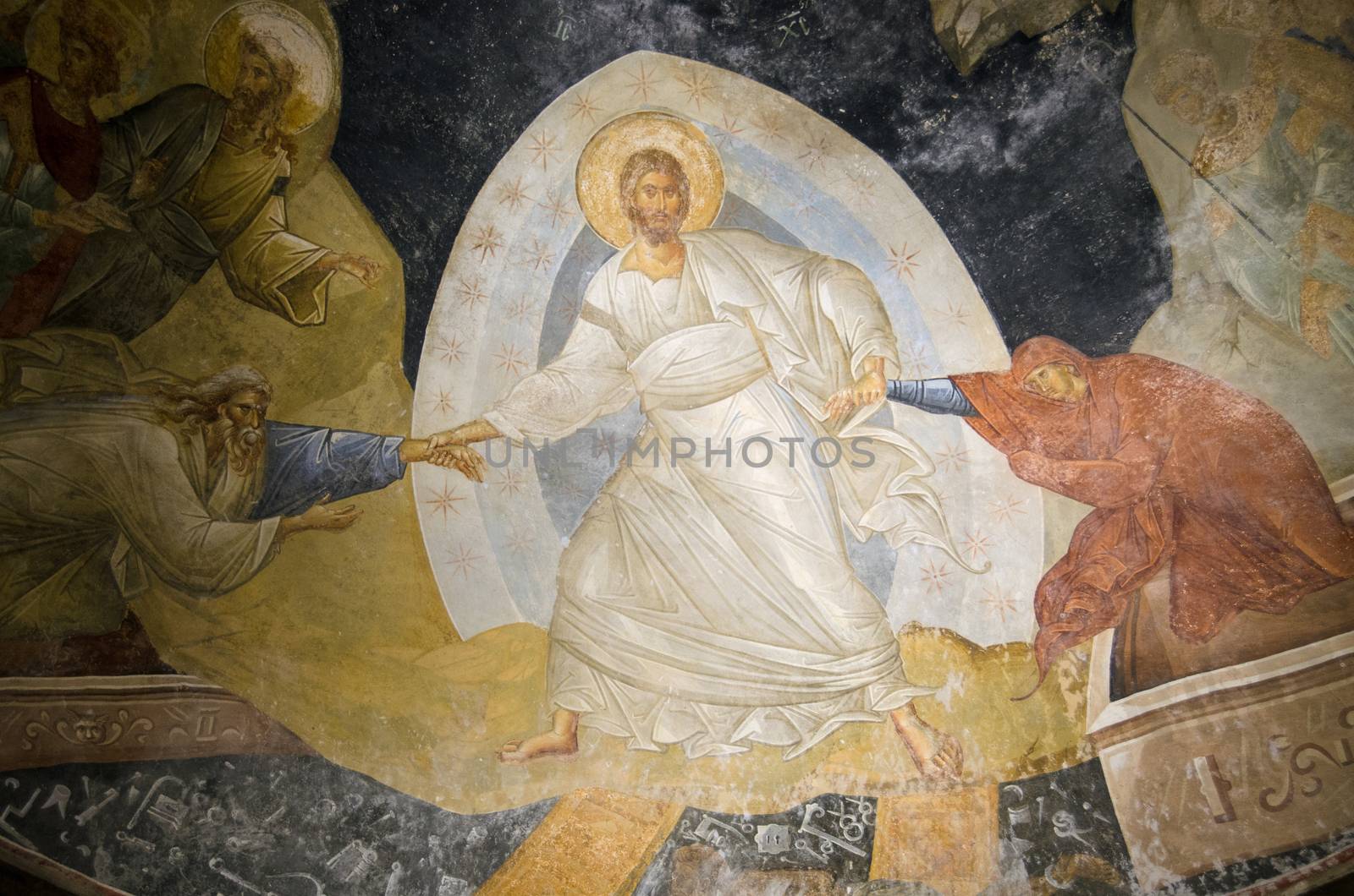 Byzantine fresco of Christ resurrecting Adam and Eve by BasPhoto