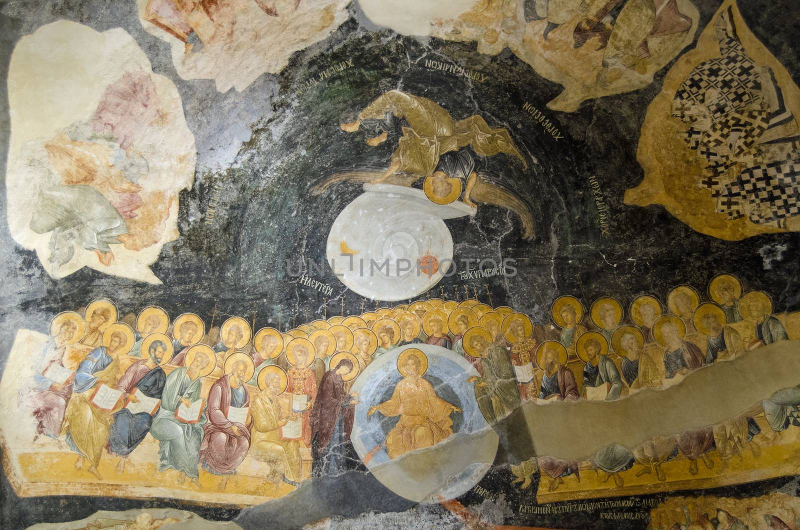 The Last Judgement scene.  Medieval Byzantine fresco on the ceiling of the Chora Church in Istanbul, Turkey.  Jesus Christ sits with Mary and John the Baptist with Apostles and angels surrounding them.  Paradise is represented by a snail shell carried by an angel.