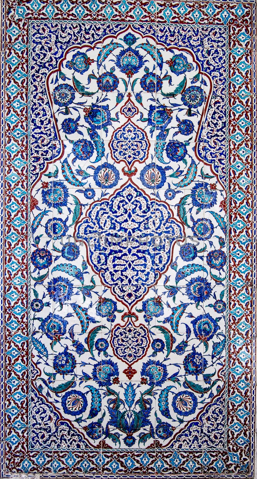 Beautiful Iznik tiles decorating the exterior of the tomb of Sultan Murad II constructed in 1599 and still on public display in the old city of Istanbul, Turkey.
