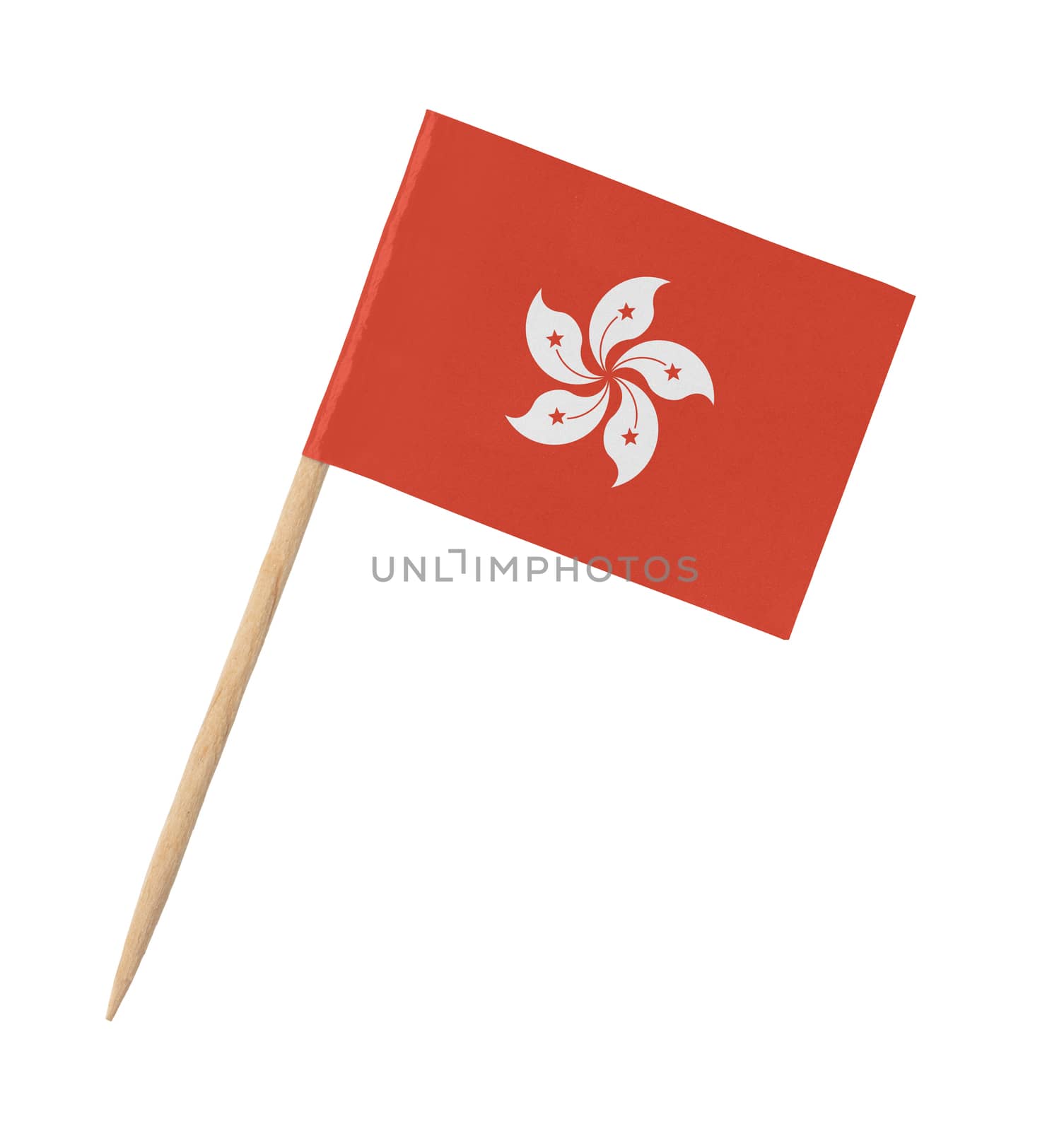 Small paper flag of Hong Kong on wooden stick, isolated on white