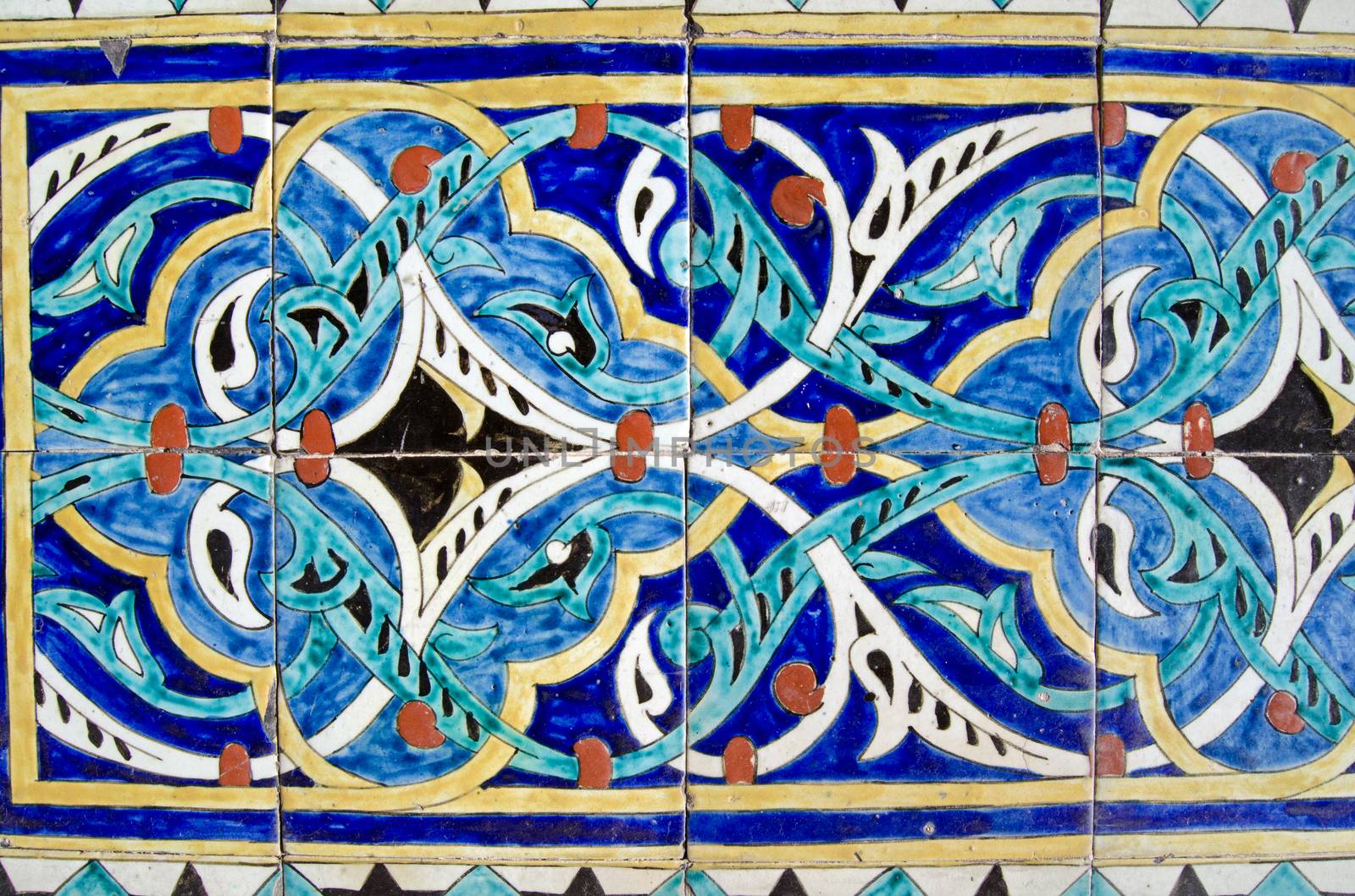 Handpainted, colourful tiles decorating the exterior of an old city mosque dating from the Ottoman era in the middle of Istanbul, Turkey.