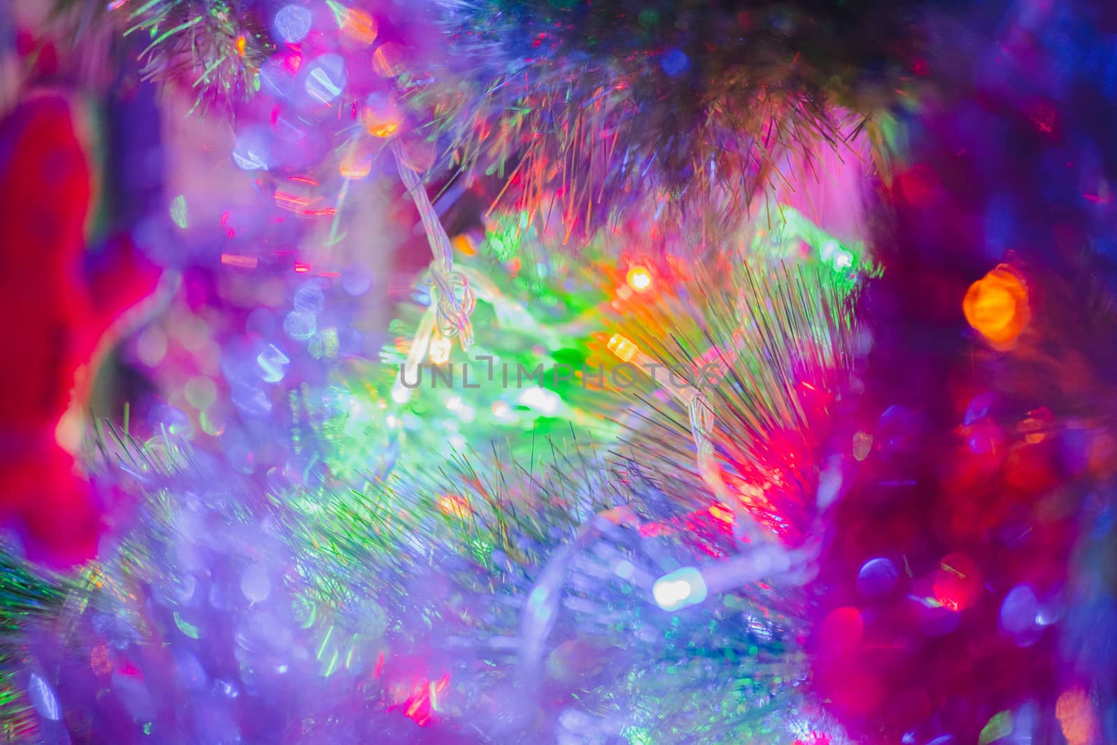 New Year lights in fir tree branches, close-up view. by photoboyko