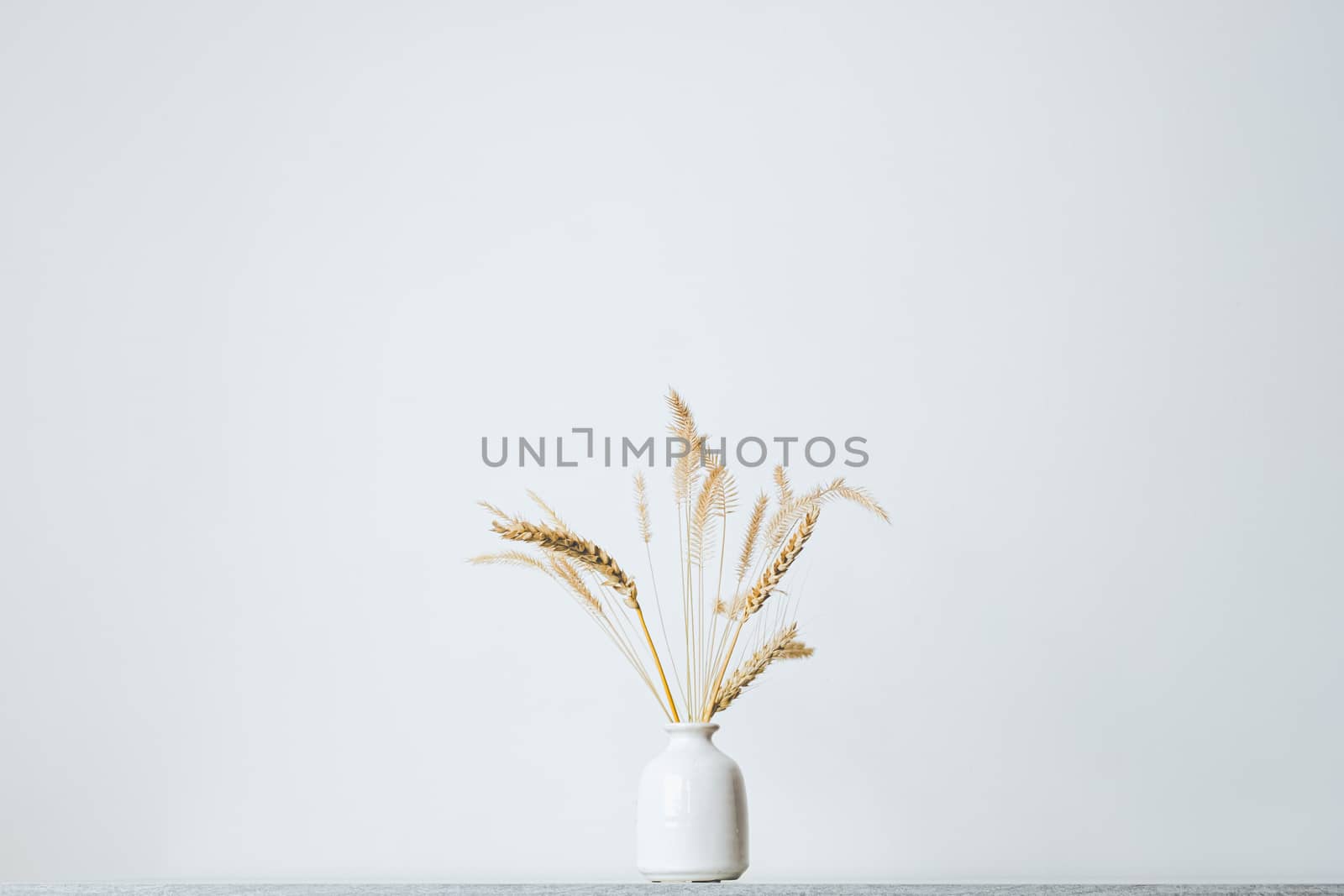 Spikelets or wheat in a vase on the table. Home decoration elements in sparse pastel background