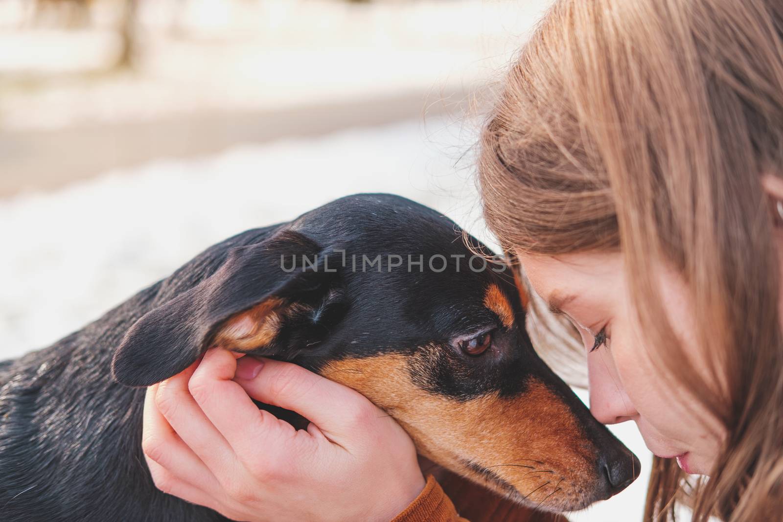 Loving and adoring dogs: woman with her puppy. by photoboyko