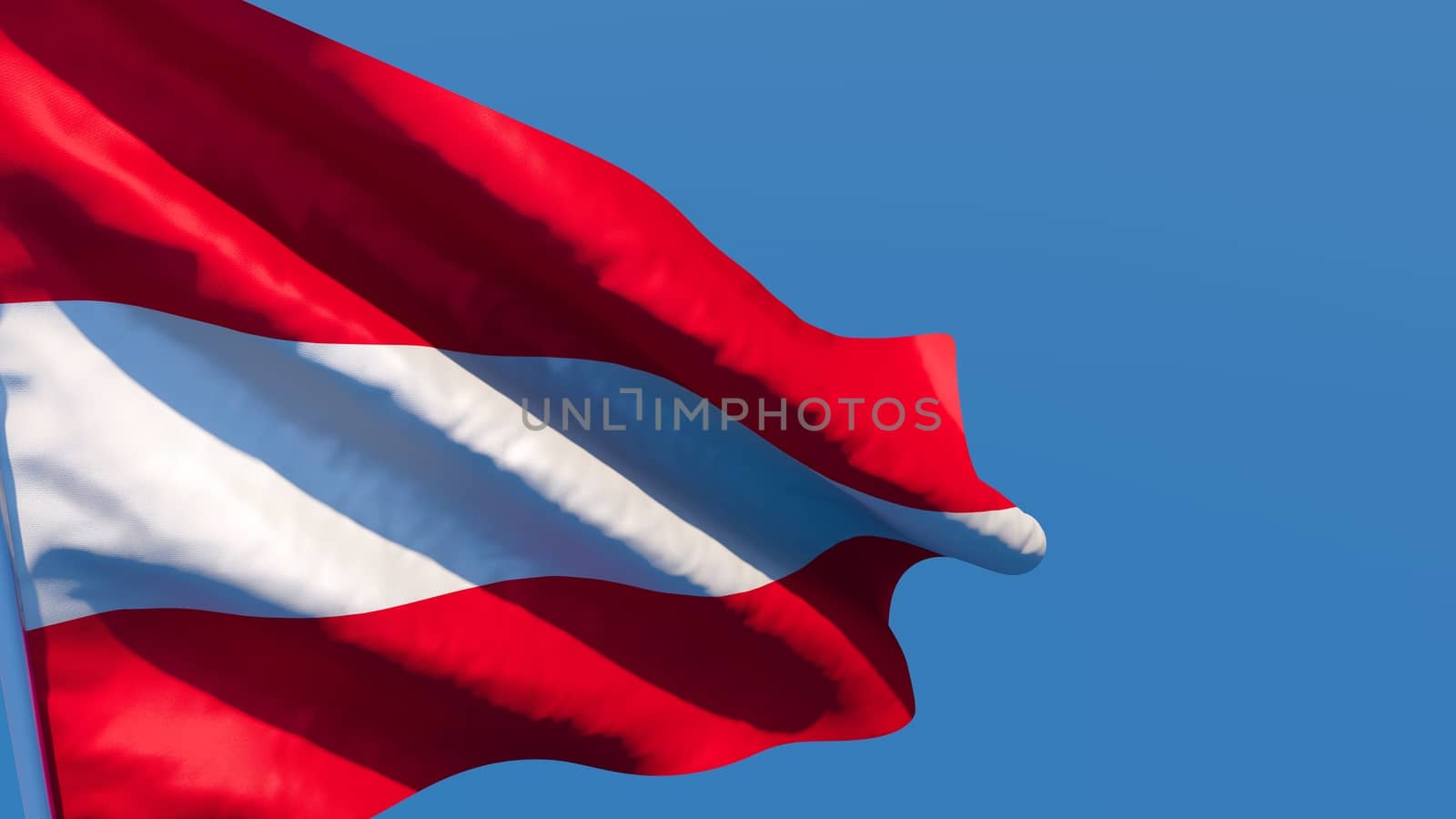 3D rendering of the national flag of Austria waving in the wind against a blue sky.