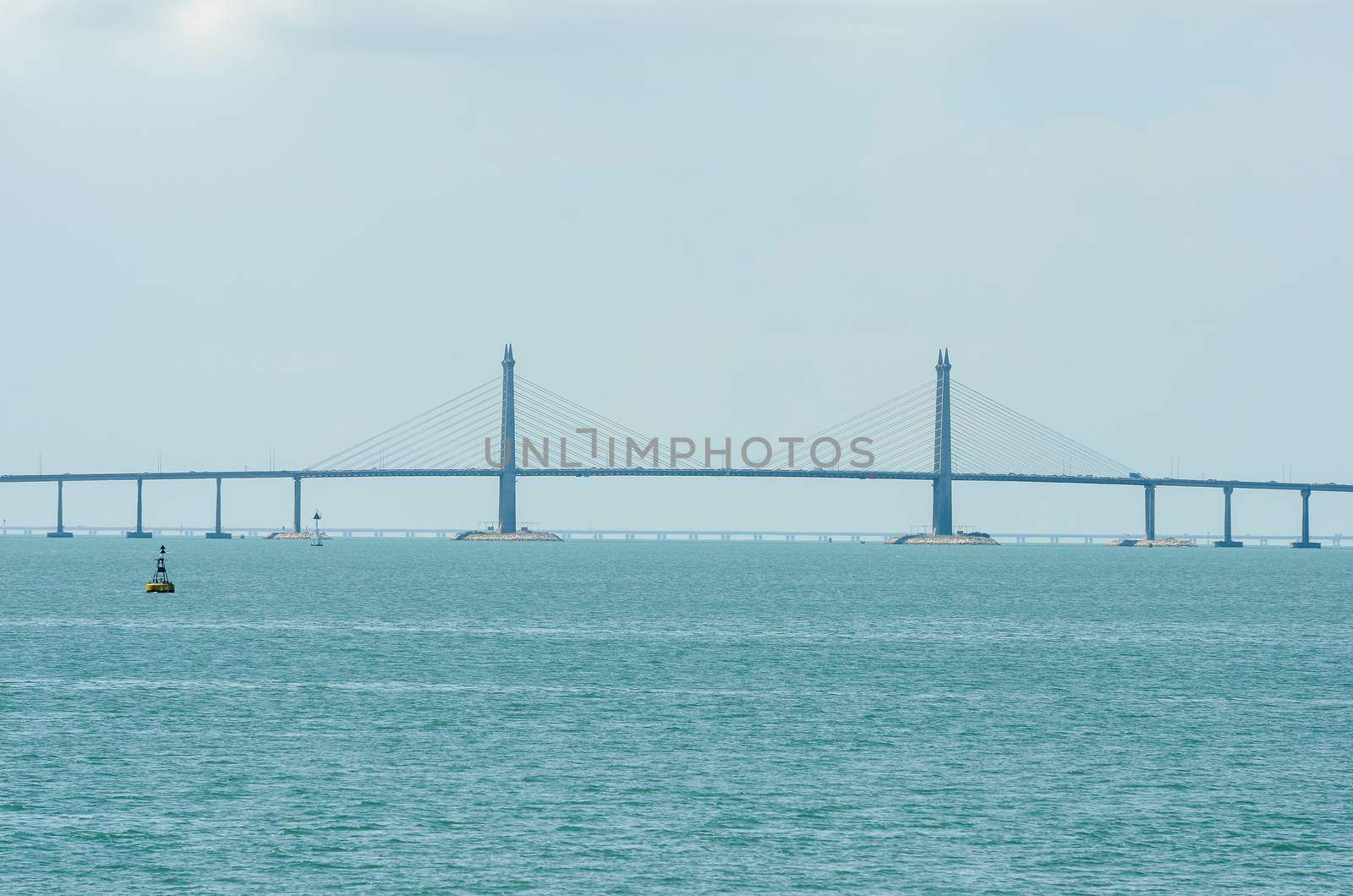 Main Span Stayed Cable of Penang Bridge, Malaysia in blue weather.