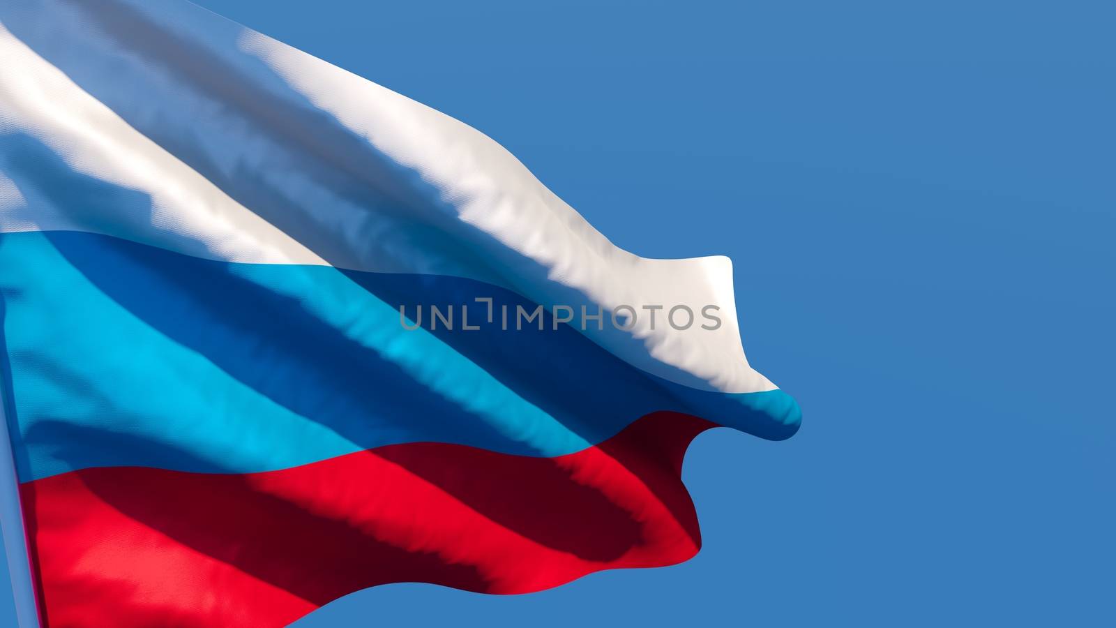 3D rendering of the national flag of Russia waving in the wind against a blue sky.