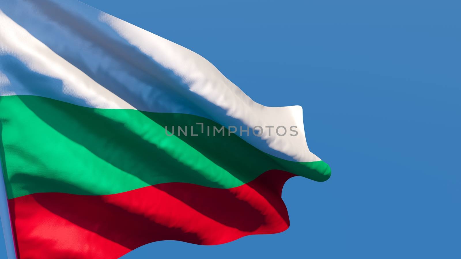 3D rendering of the national flag of Bulgaria waving in the wind against a blue sky.
