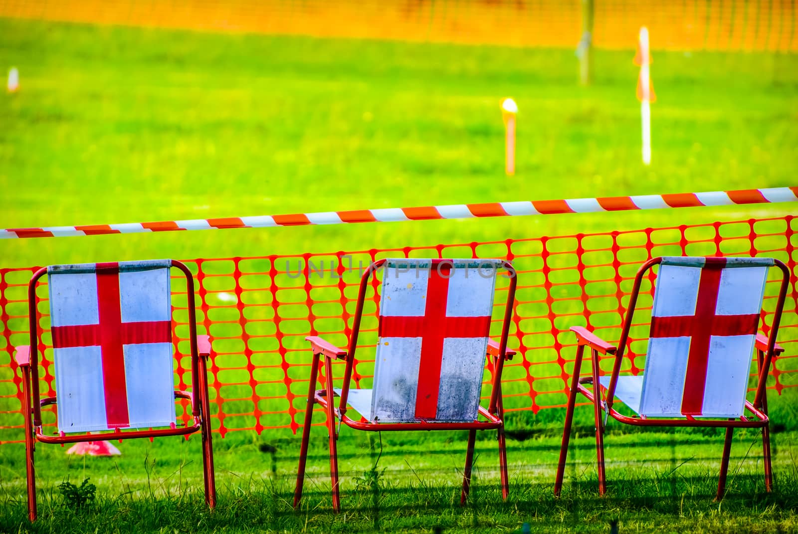 St George's cross on back of chairs on sports day in Beetham UK by paddythegolfer