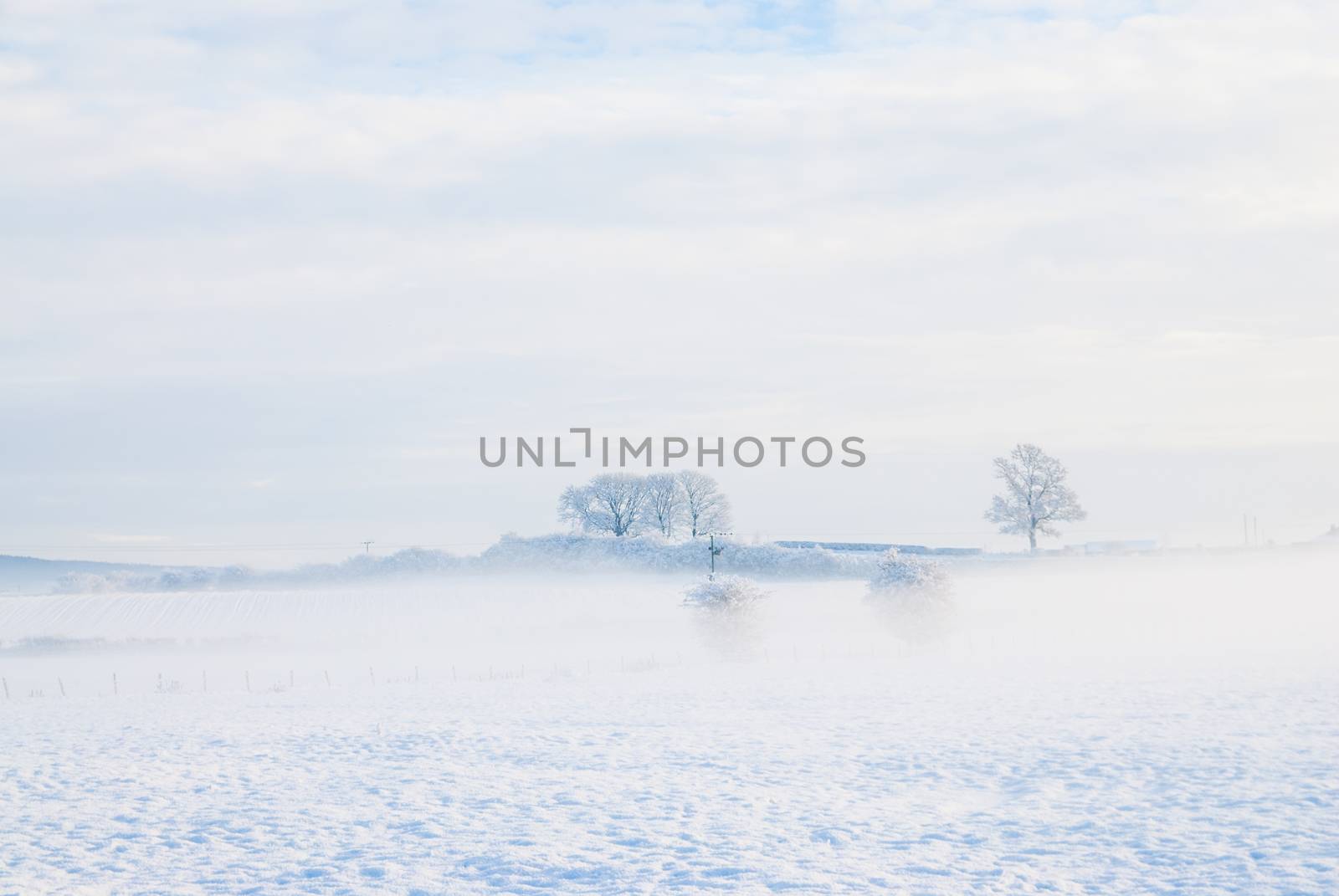 a simple background landscape with snow covered fields and distant trees half obscured by mist by paddythegolfer