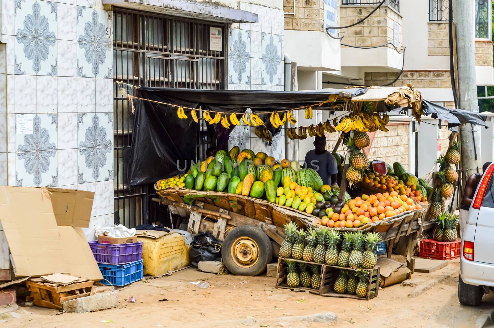 Mombasa, Kenya, Africa-10/01/2017. Display of vegetables on a trailer on a street in Mombasa in Kenya in Africa