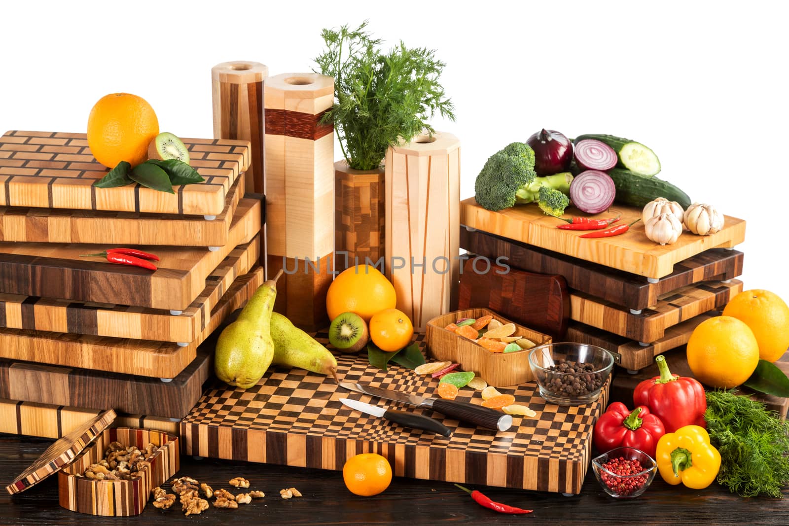 Still life with fruits, vegetables, nuts and candied fruits with cutting boards by sveter