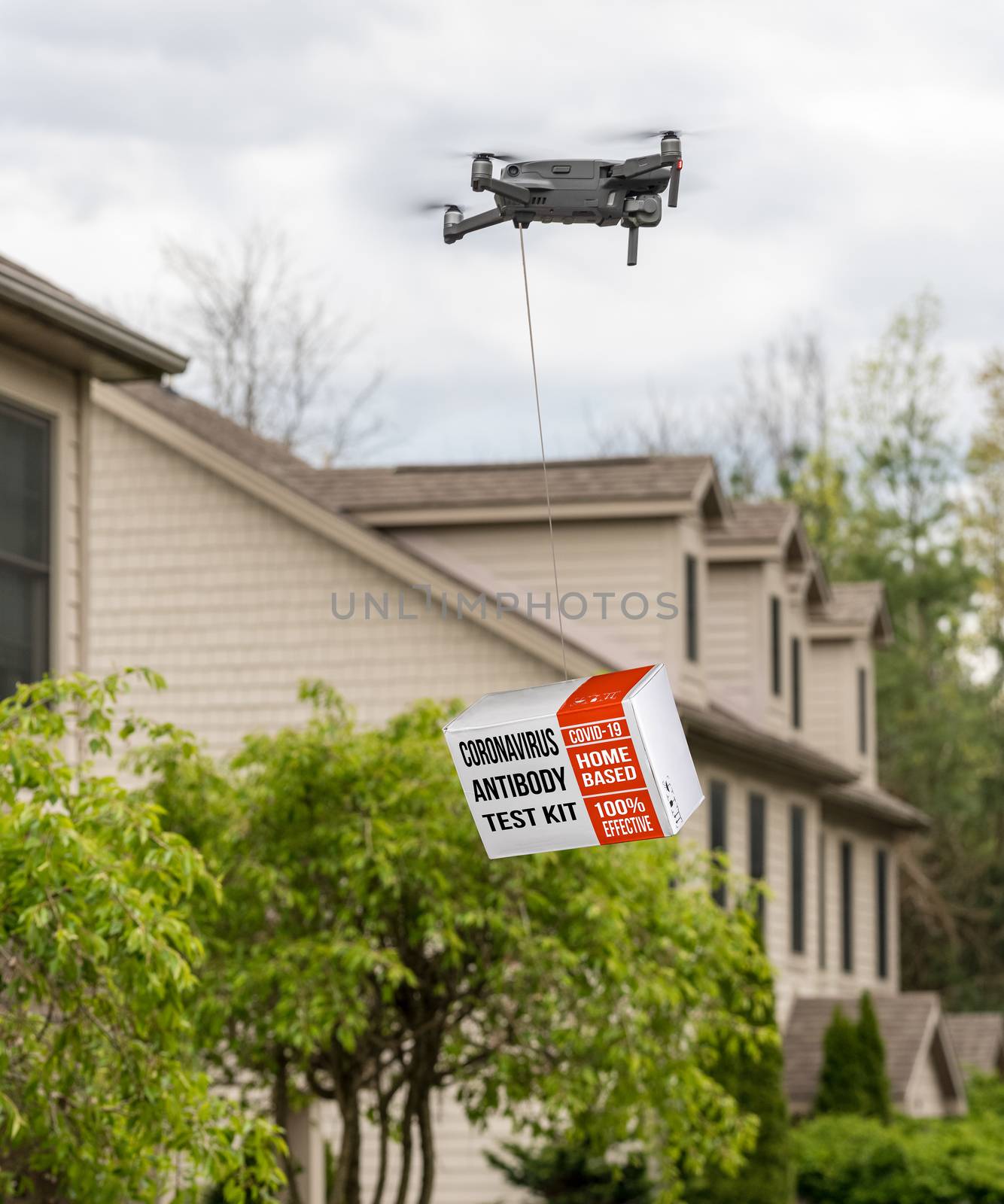 Flying drone delivering a covid-19 immunity antibody test kit to house during coronavirus epidemic