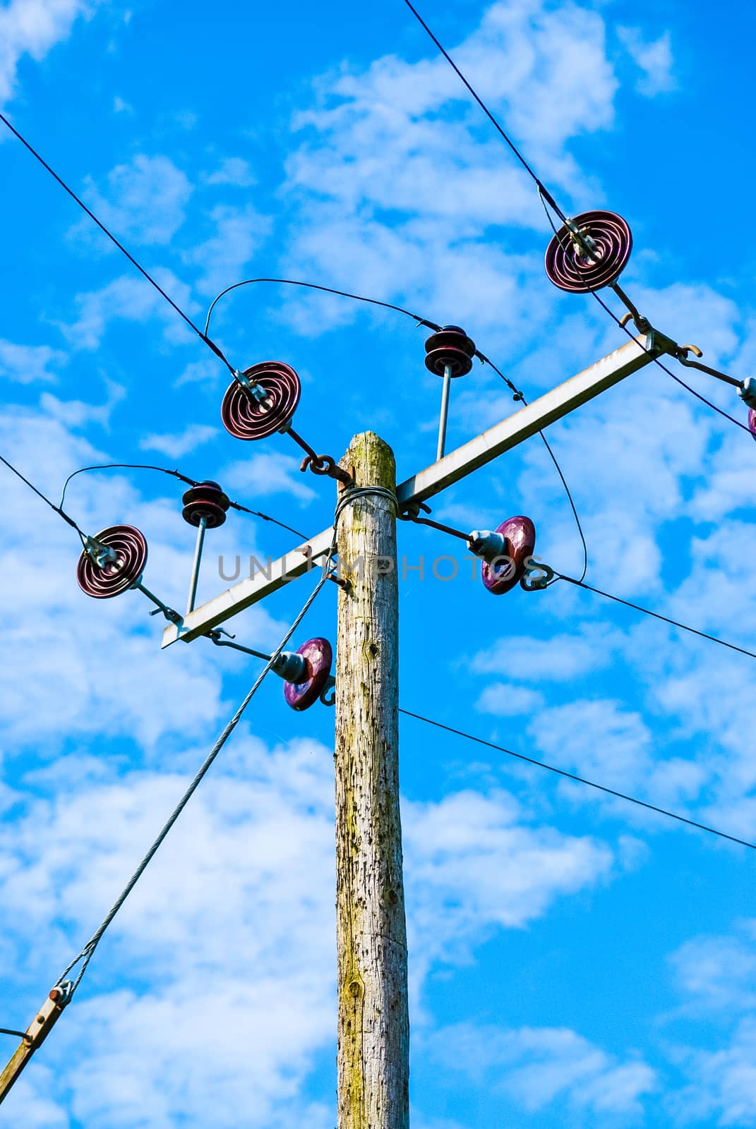 Wooden power line pylon usually seen in the countryside UK by paddythegolfer