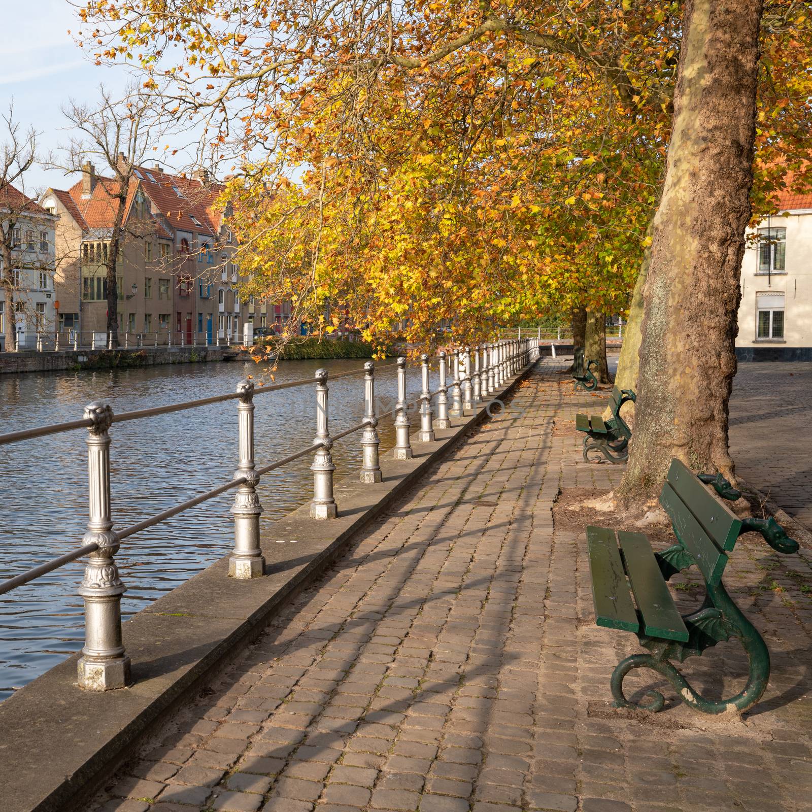 Benches close to the canals of Bruges under colorful trees, Belgium