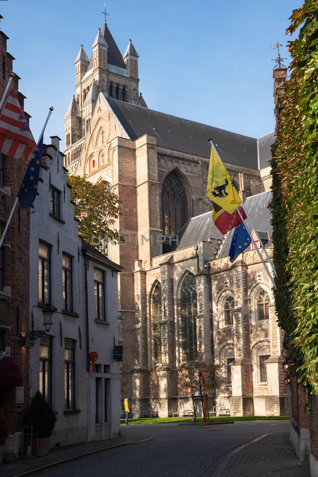 Street onto the cathedral, historic city of Bruges, Belgium