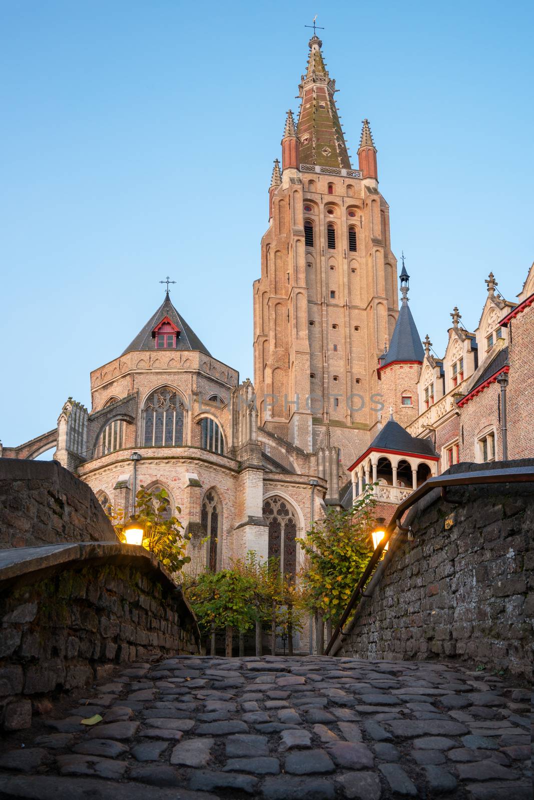 Street onto the church of our Lady, historic city of Bruges, Belgium