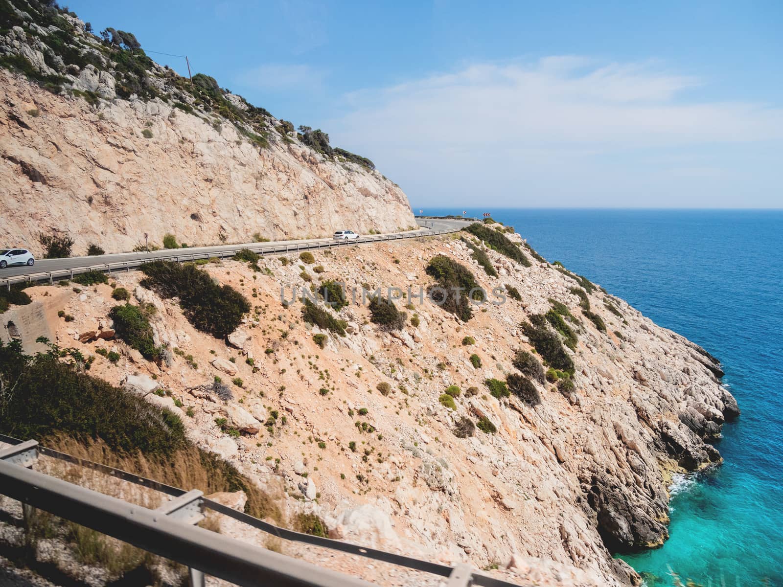 Mountain serpentine road along Mediterranean sea. Demre Finike Yolu road . Turkey.