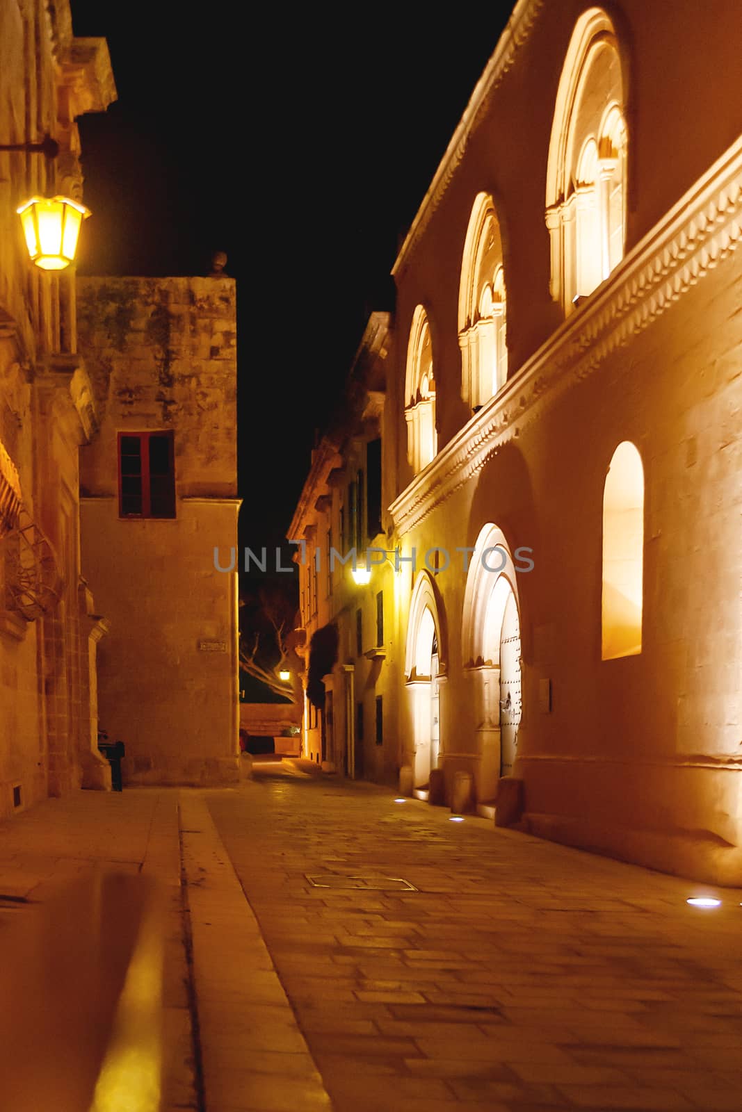 Illuminated streets of Mdina, ancient capital of Malta. Night view on buildings and wall decorations of ancient town. by aksenovko