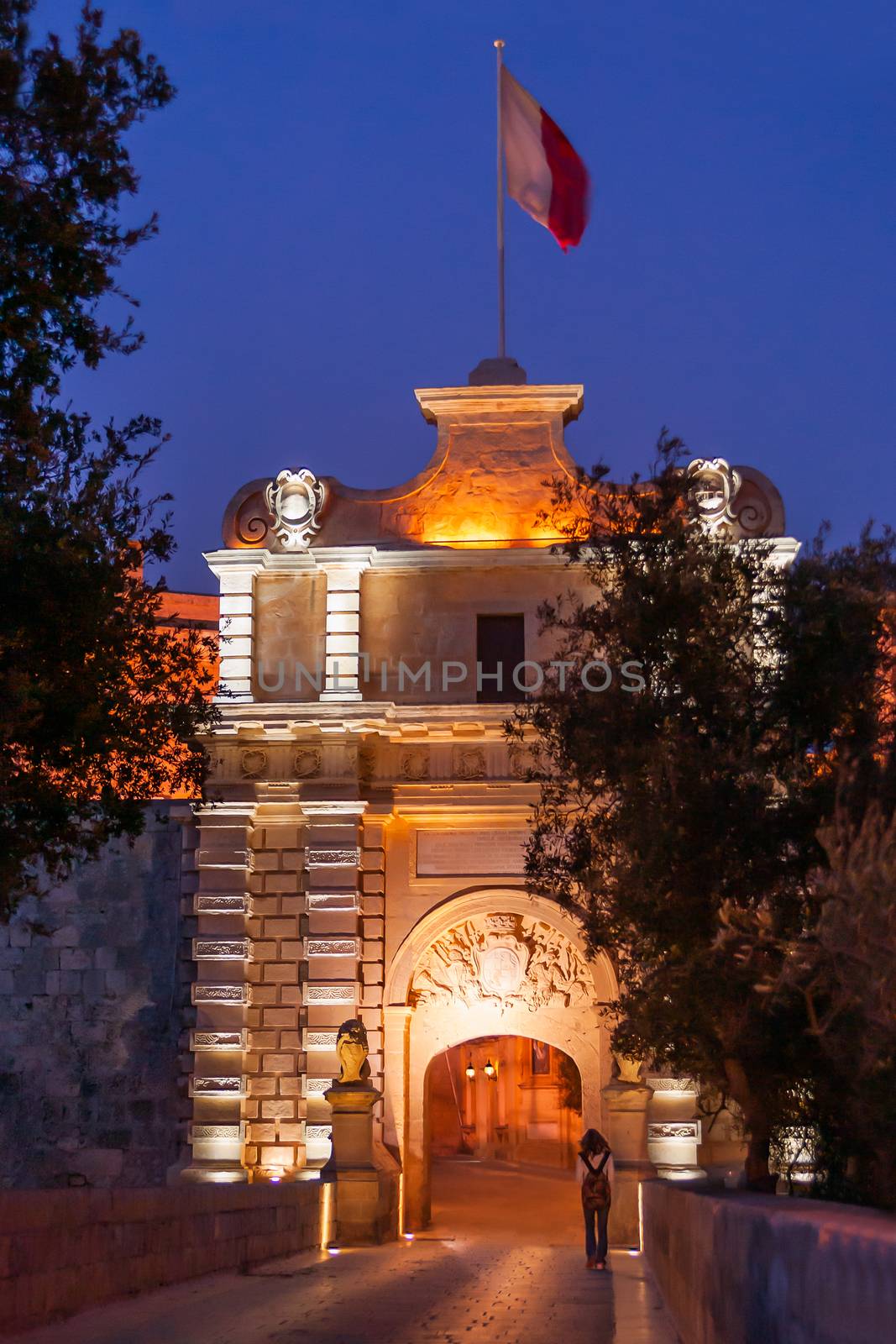 Illuminated Gate of Mdina, ancient capital of Malta. Night view on entrance into ancient town. by aksenovko