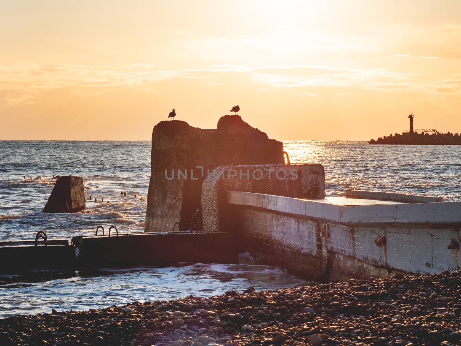 Beautiful sunset over Black sea in Sochi, Russia. Silhouettes of seagulls on rocks and tranquil sea surf. by aksenovko