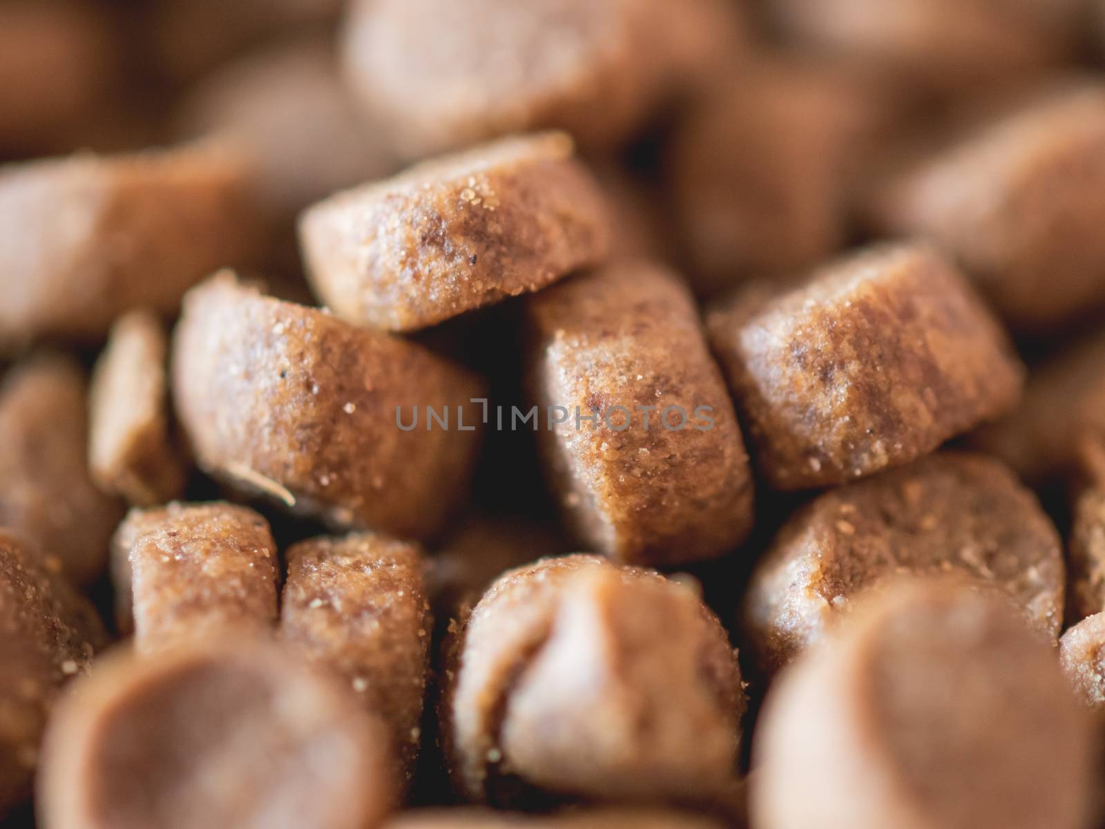 Macro photo of dry cat food. Special edible dry pieces for fluffy pets.