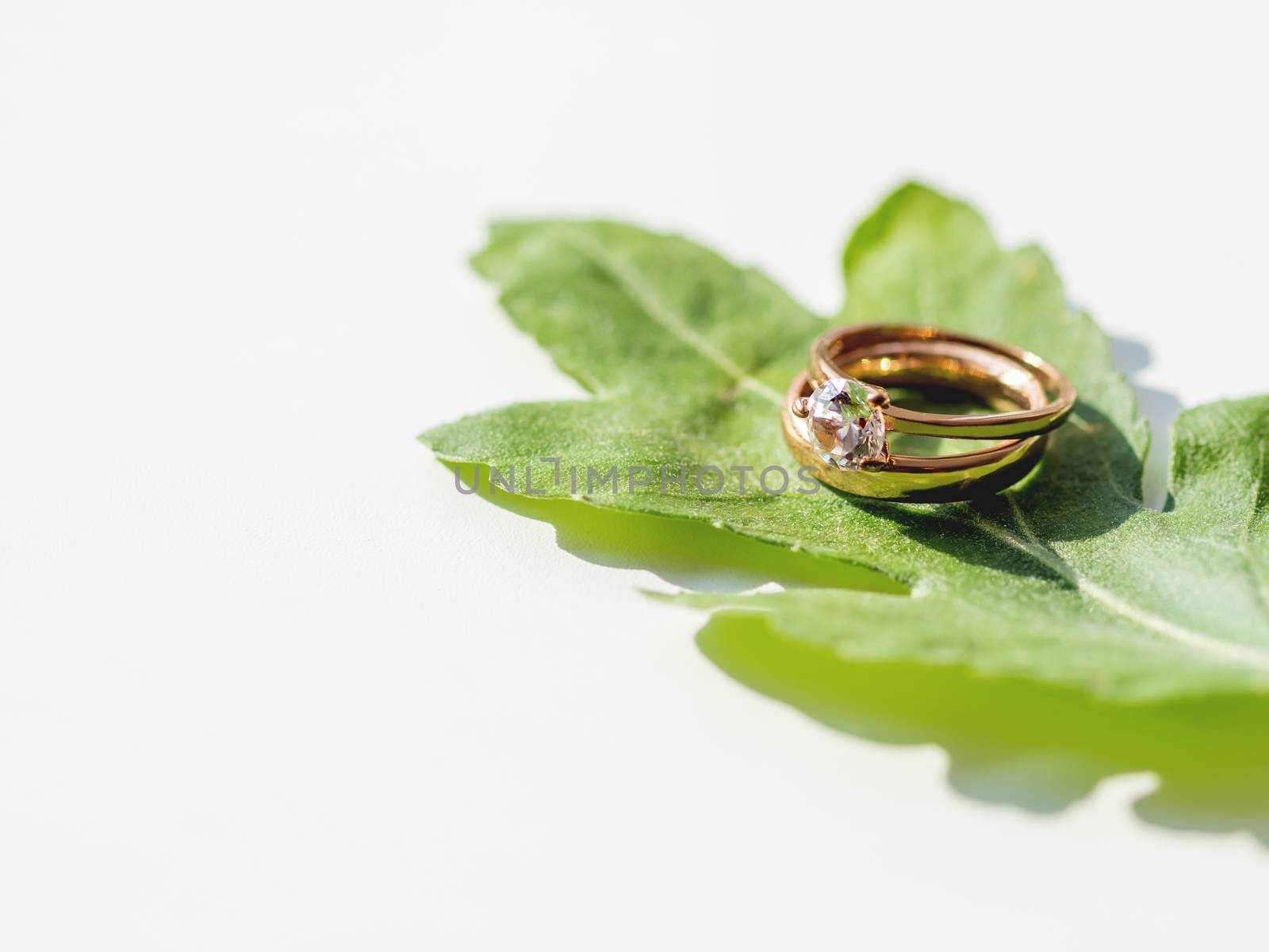 Pair of wedding and engagement rings with diamond on green leaf. Symbol of love and marriage on white background with copy space.