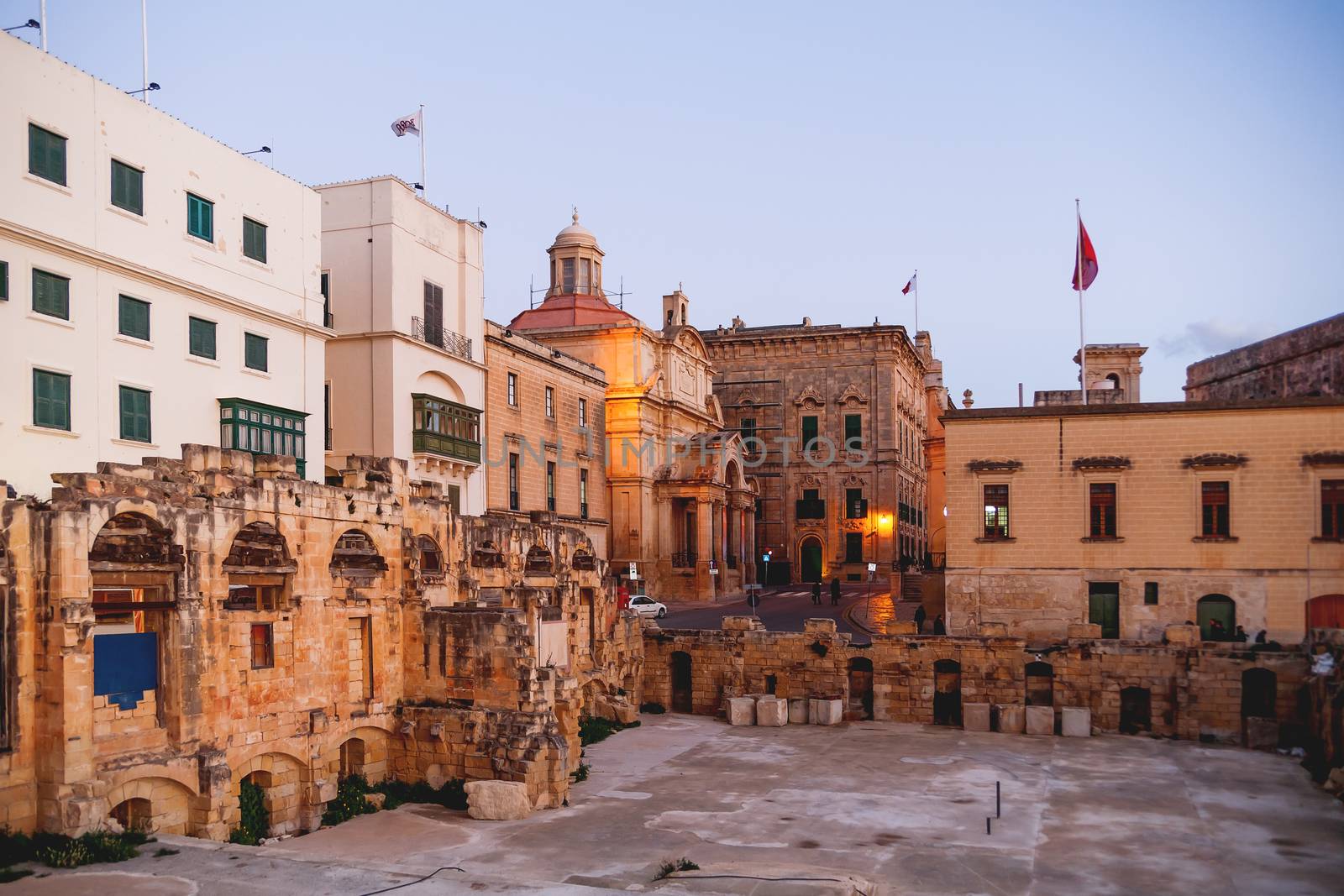 Ruins of Royal Opera theatre. Winter evening in Valletta, Malta.