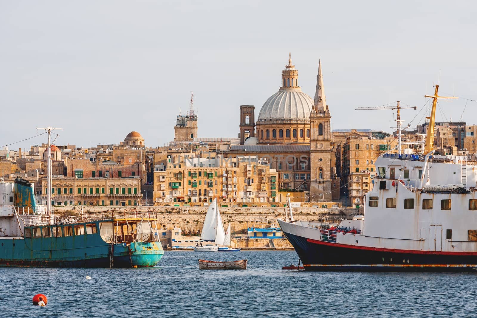 St.Paul cathedral and other historical buildings.Sunset panorama view of Valletta, Malta.