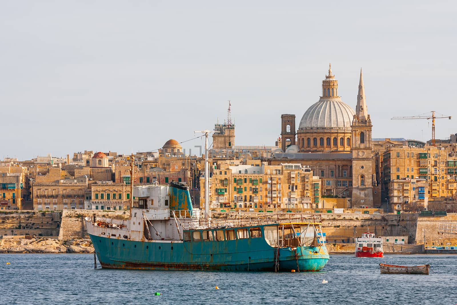 St.Paul cathedral and other historical buildings.Sunset panorama view of Valletta, Malta.