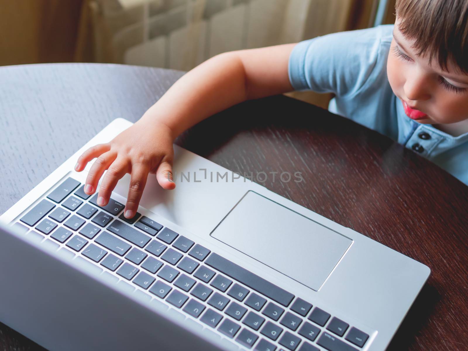 Curious toddler boy explores the laptop and presses buttons on c by aksenovko