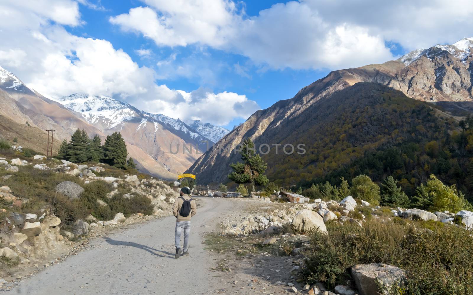 Rear View of Solo Indian traveler in winter clothing walking alone hiking a remote mountain road. Snow capped Himalayan mountain with floating clouds and blue sky in background. Spiti Valley Himachal Pradesh India South Asia Pac