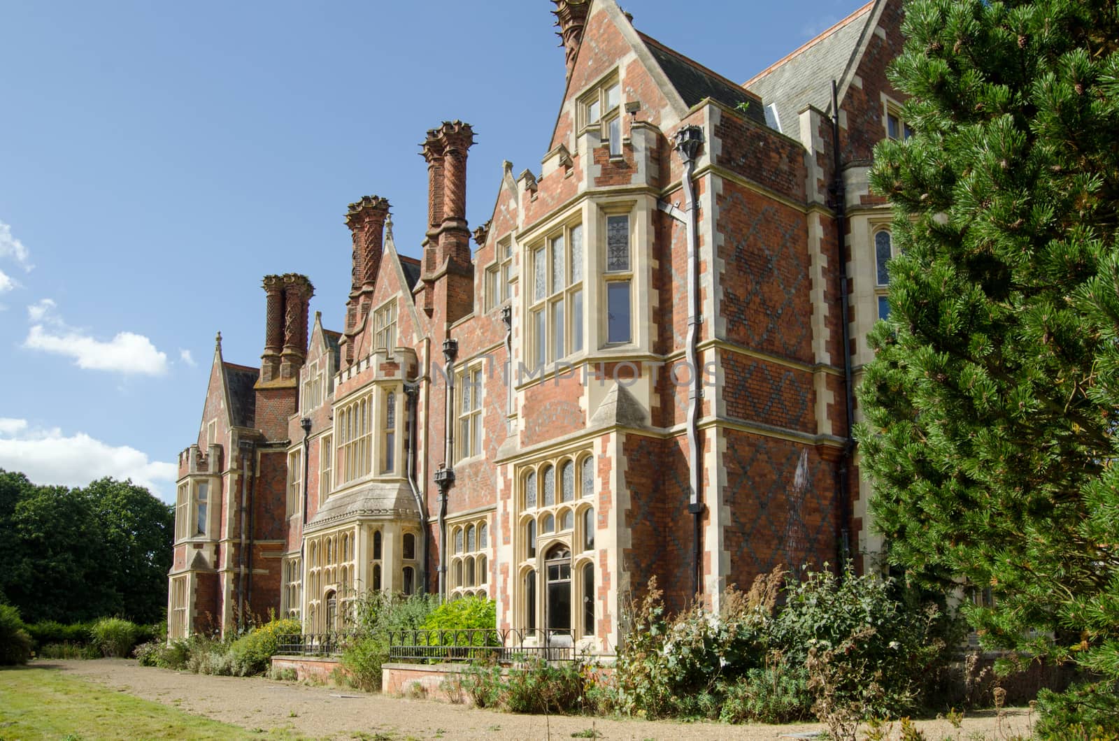 Detail of the South facing elevation of Aldermaston Manor, Berkshire.  The historic stately home, which was extensively rebuilt in the Victorian era,  dates from Stuart times and is now empty, awaiting redevelopment.