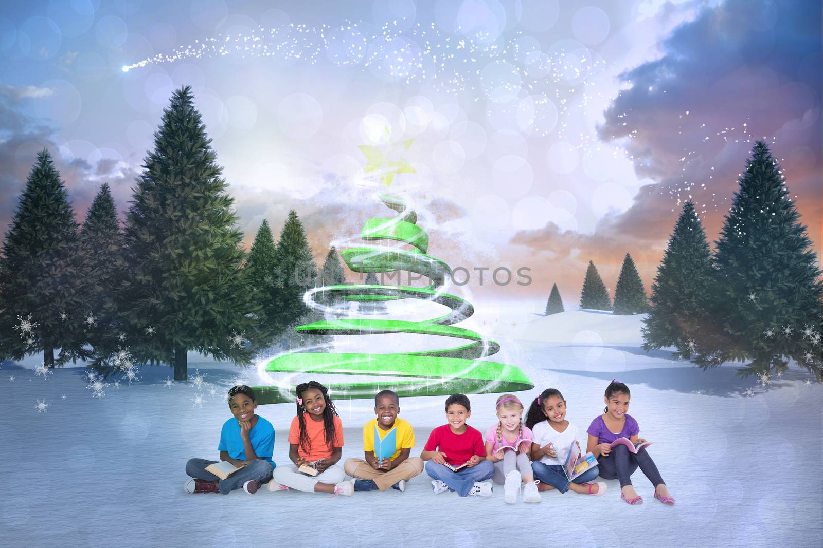 Composite image of cute children against snowy landscape with fir trees