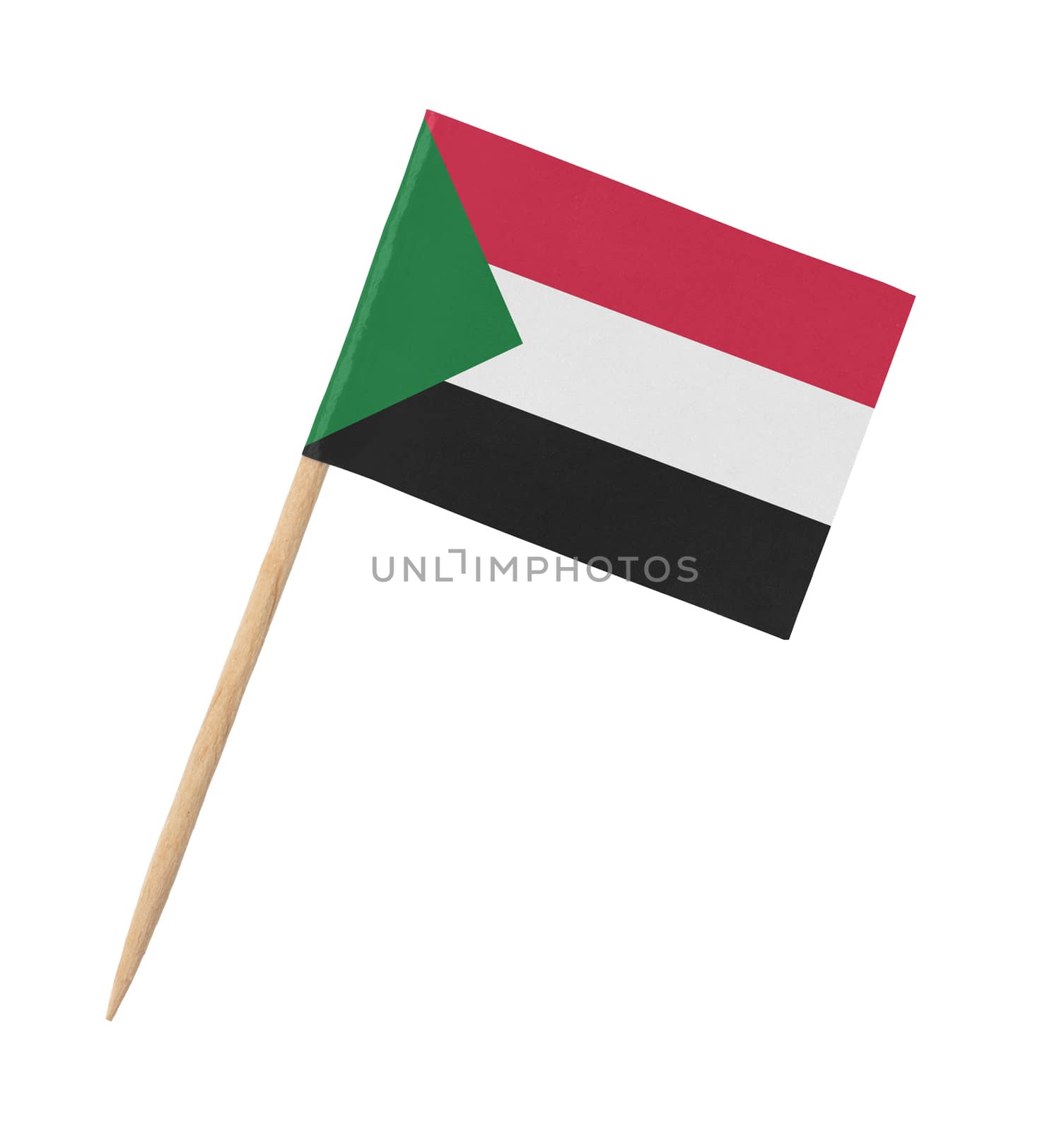 Small paper flag of Sudan on wooden stick, isolated on white